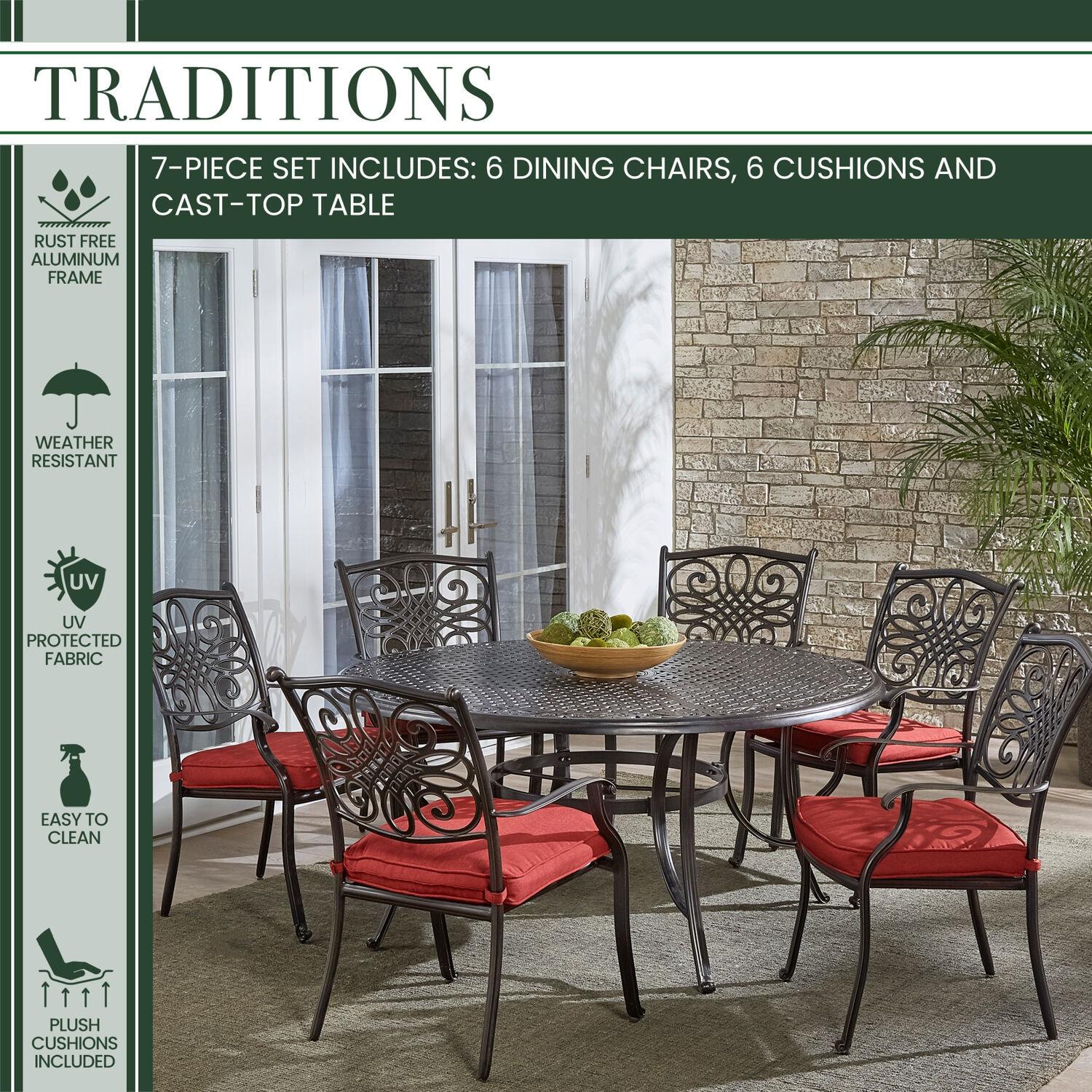 Hanover Traditions 7-Piece Dining Set in Red with Six Dining Chairs and a 60 In. Cast-top Table