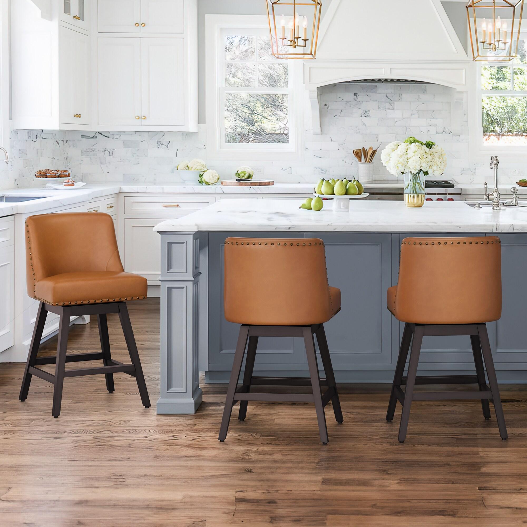 LUE BONA 360-degree Swivel Bar Stools Set of 3, 26" Counter Height Bar Stools with High Back and Wood Legs, Morden Faux Leather Upholstered Barstools for Kitchen Counter
