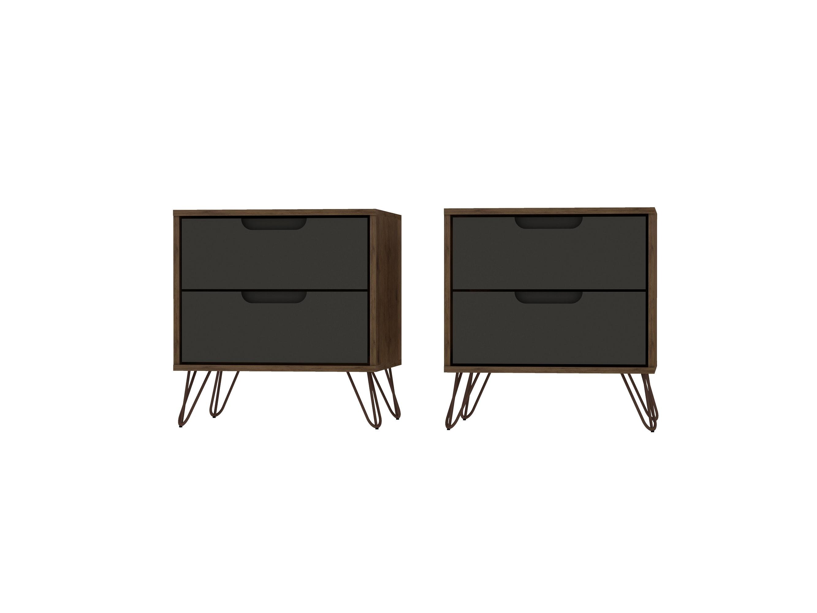 Set of 2 Rockefeller 2 Drawer Nightstands Nature/Textured Gray - Manhattan Comfort: Modern Splayed Metal Legs, MDF
