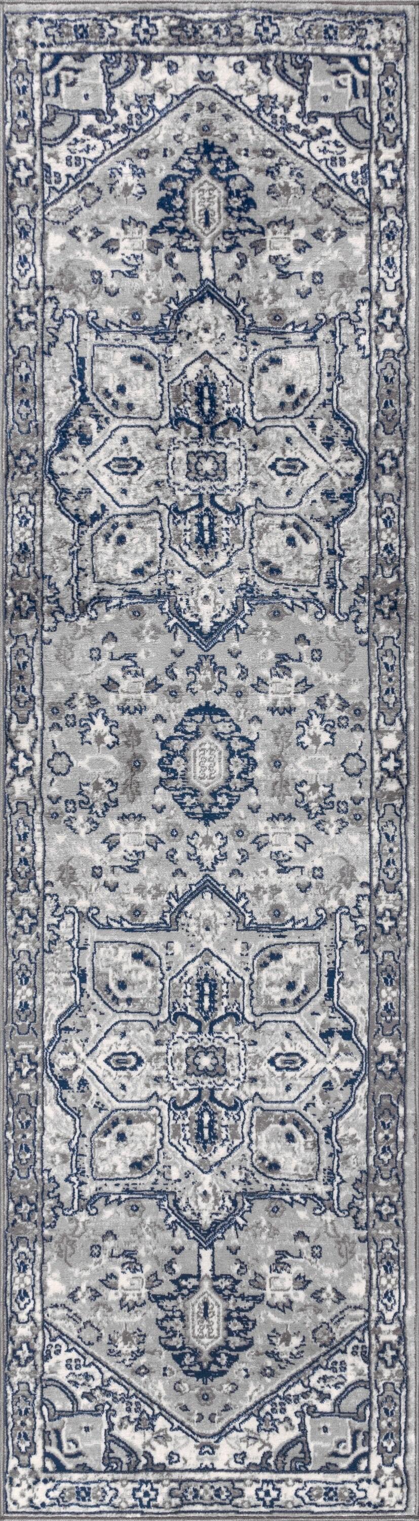 2'x8' Modern Persian Vintage Medallion Runner Rug, Light Grey/Navy - JONATHAN Y