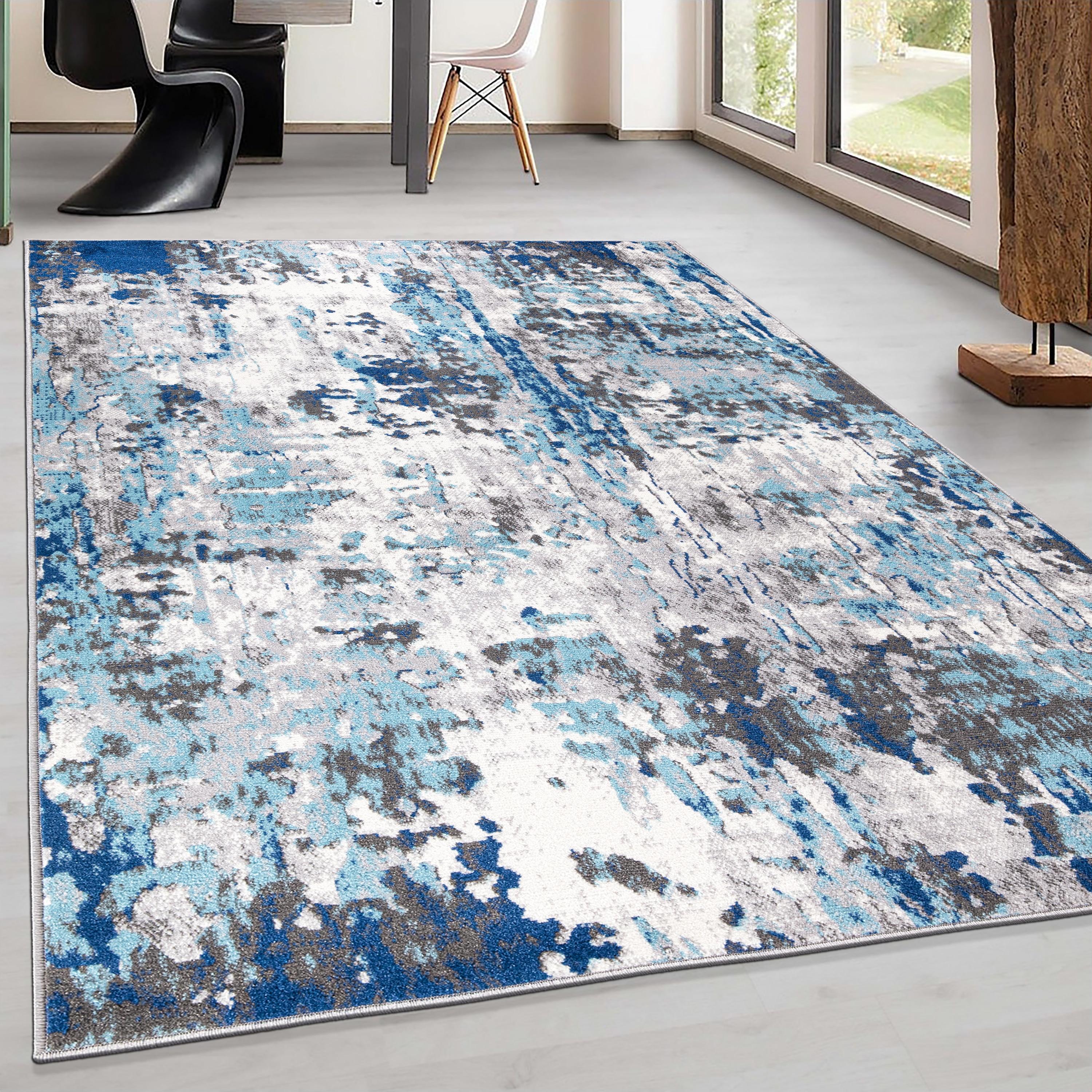 World Rug Gallery Distressed Modern Abstract Indoor Area Rug - Blue 7'10" x 10':  Stain-Resistant,  Low Pile,  Machine Made