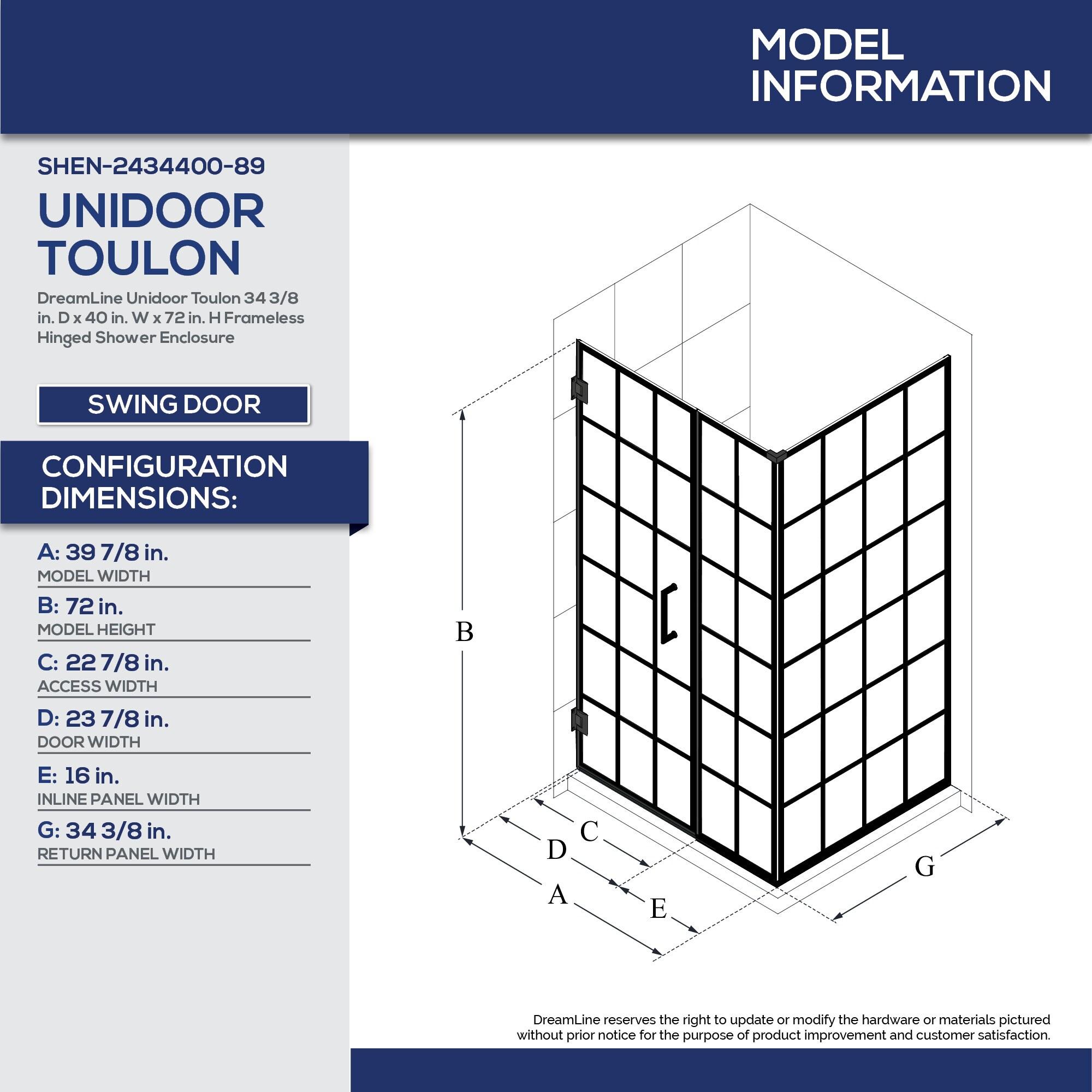 Unidoor Toulon Frameless 39.88" x 72" Rectangle Hinged Shower Enclosure