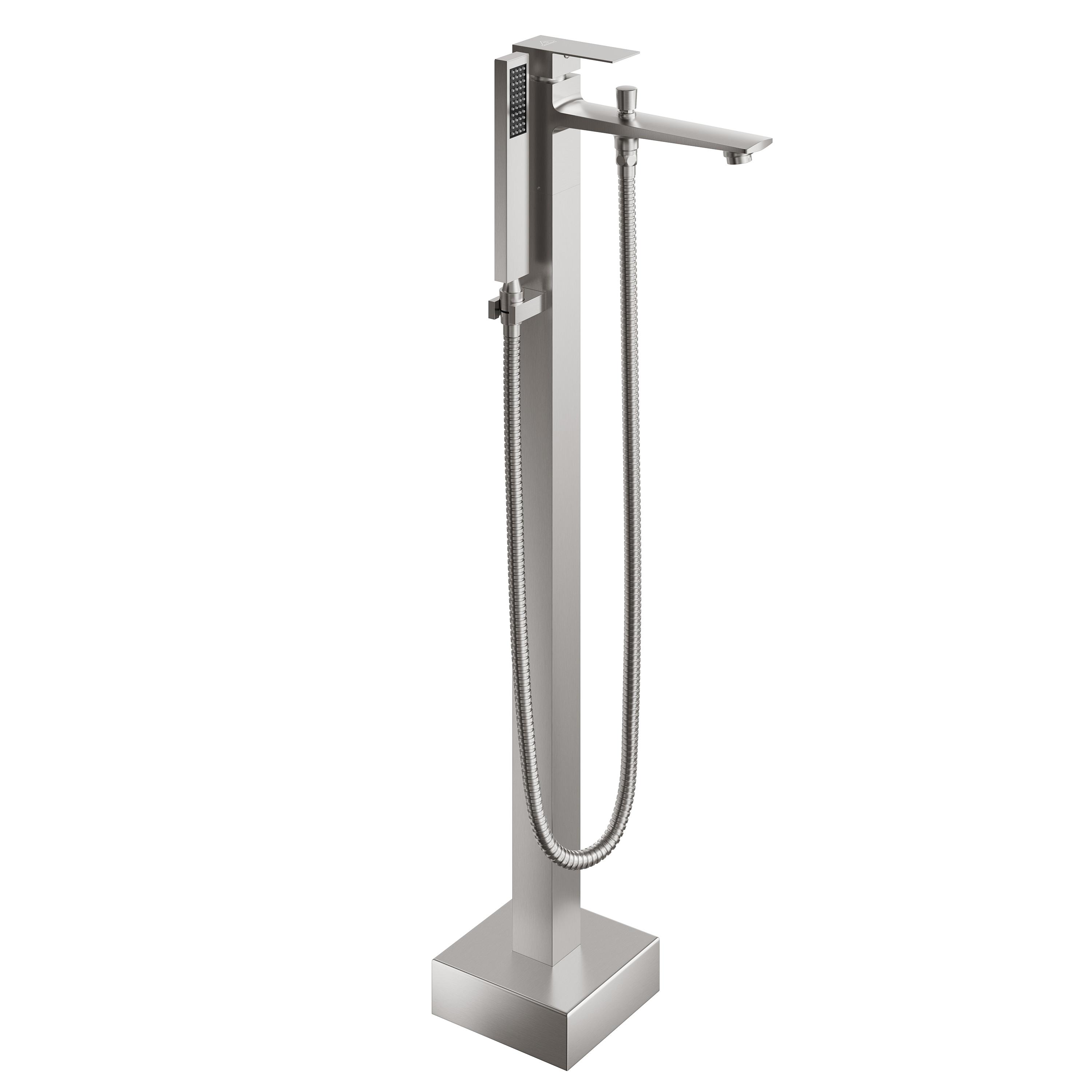 1-Handle Floor Mount Freestanding Tub Faucet with Handheld Shower in Brushed Nickel