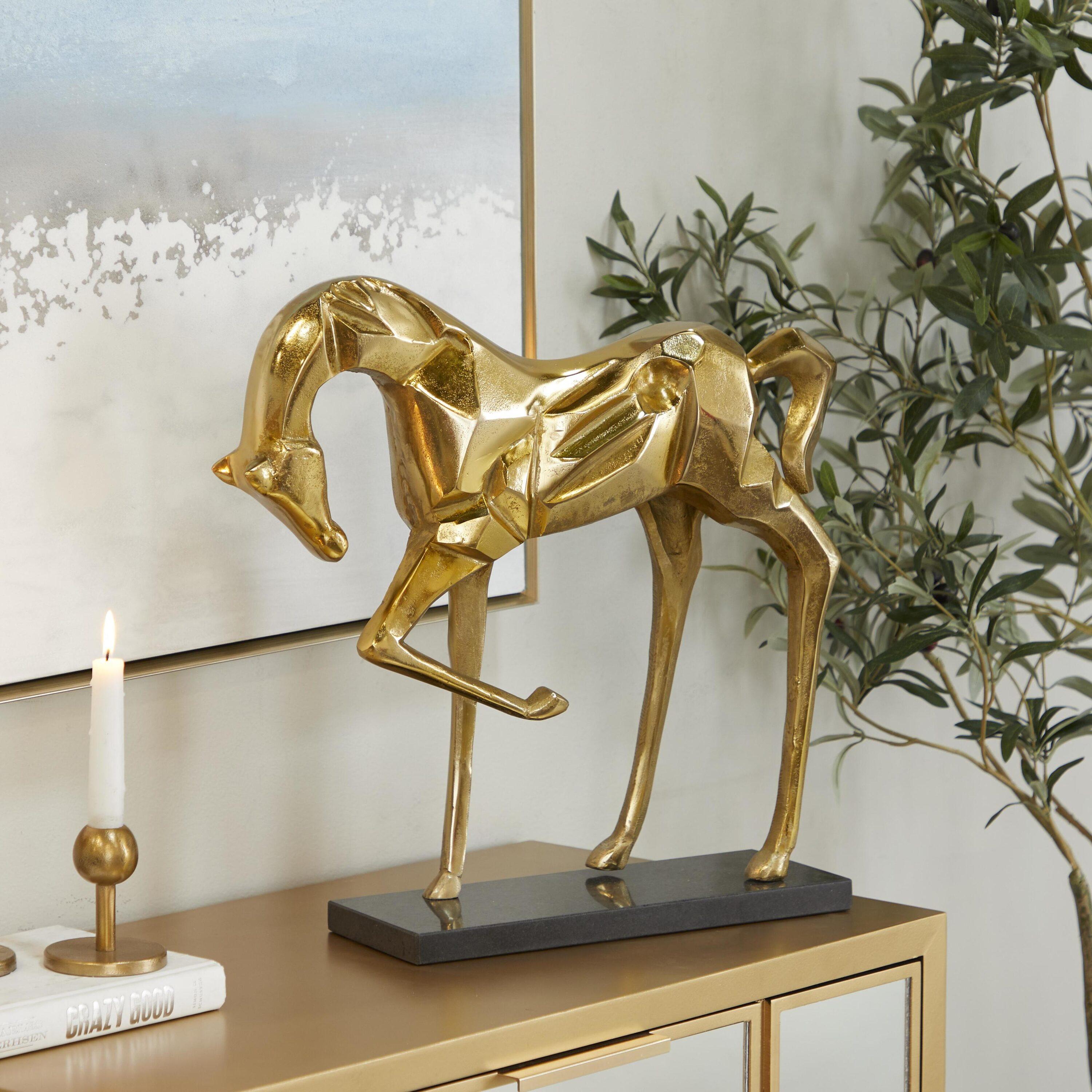 Gold Aluminum Horse Sculpture with Black Marble Base, 19"