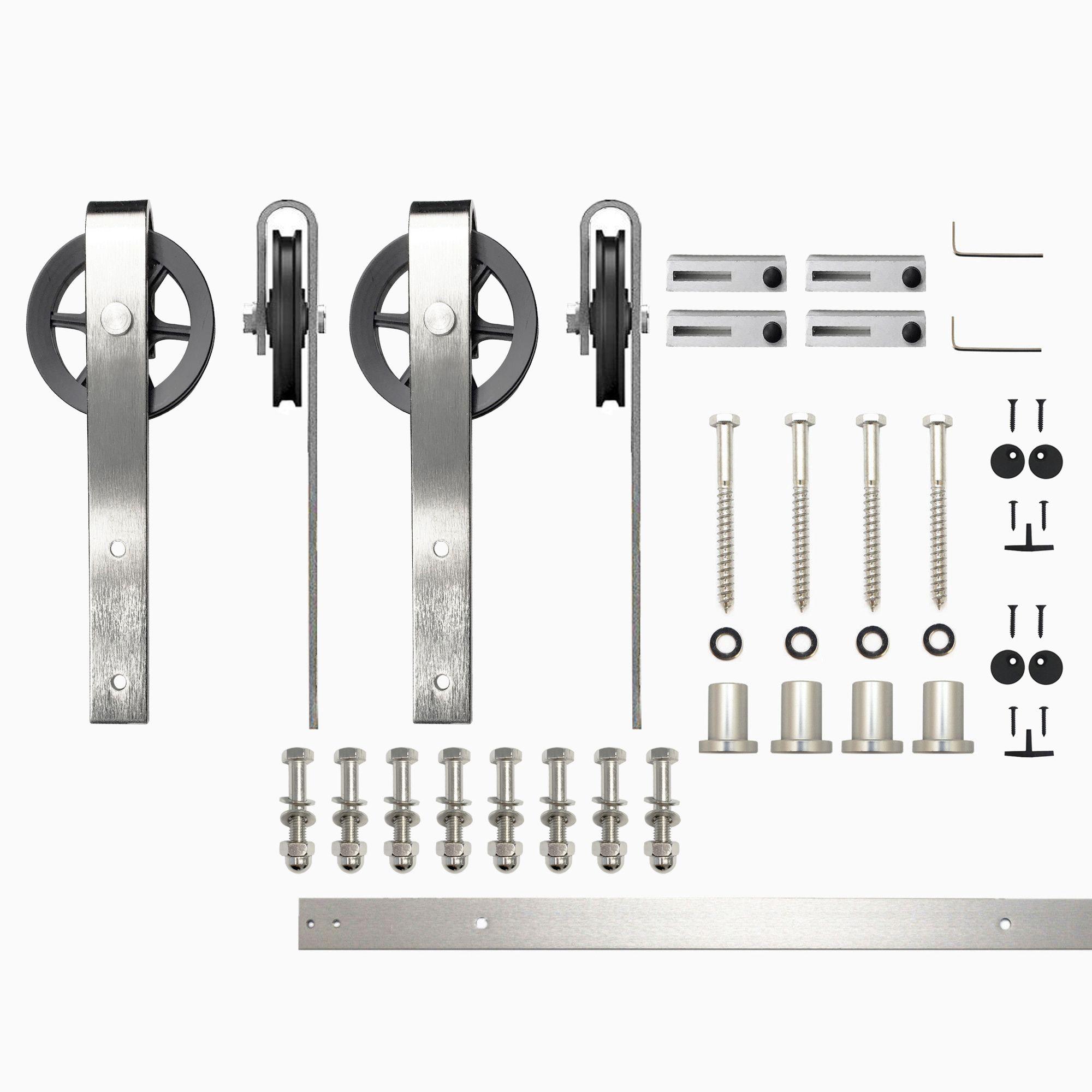 Homacer Brushed Nickel Sliding Barn Door Hardware Kit, for Two/Double Doors, 5ft Long Flat Track, Spoke Wheel Design Roller, Heavy Duty, for Interior & Exterior Use