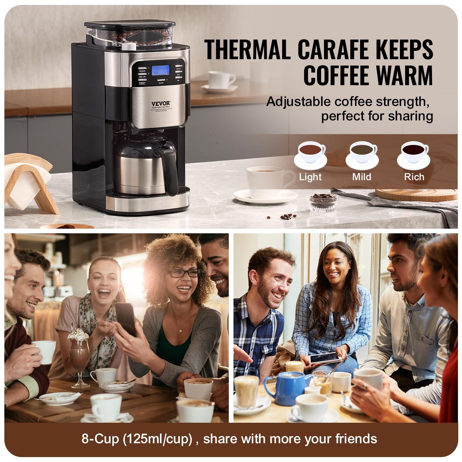 Grind and Brew Coffee Maker Machine, 8 Cup Capacity with 3 Brew Strength Options, Built in Timer for Auto Morning Brew, Ideal for Office Home Cafe, Black