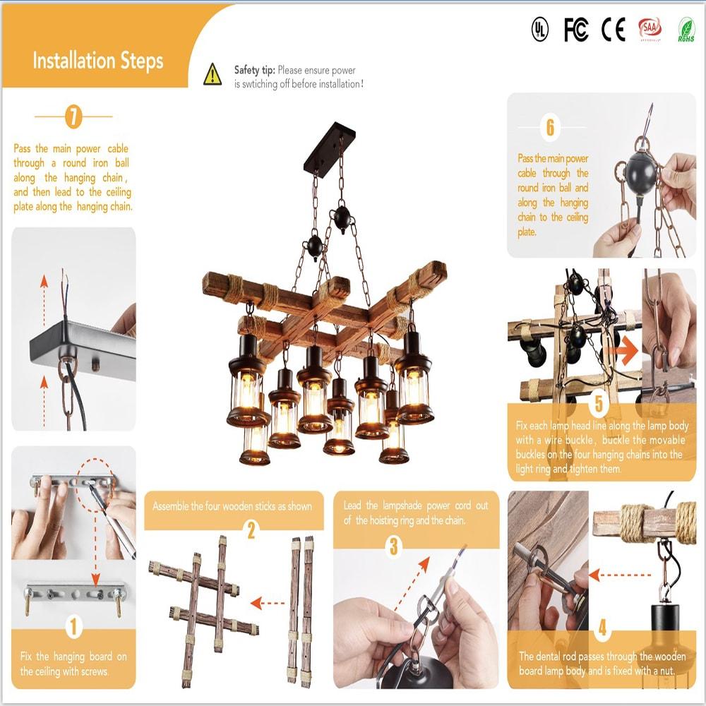 Rongfun 8-Light Rustic Country Chandelier Wood Pendant Lamp Industrial Ceiling Fixture