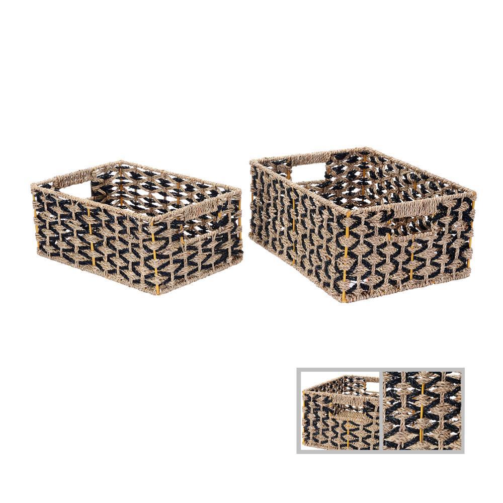 Villacera Rectangle Hand Weaved Wicker Baskets made of Water Hyacinth - Set of 2 Nesting Black and Natural Seagrass Bins