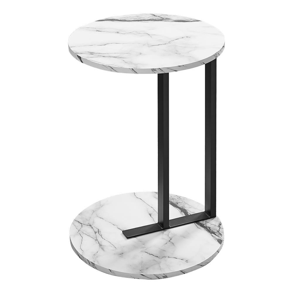 17 Stories Accent Table, Side, Round, End, Nightstand, Lamp, Living Room, Bedroom, White Marble Look Laminate, Black Metal, Contemporary, Modern