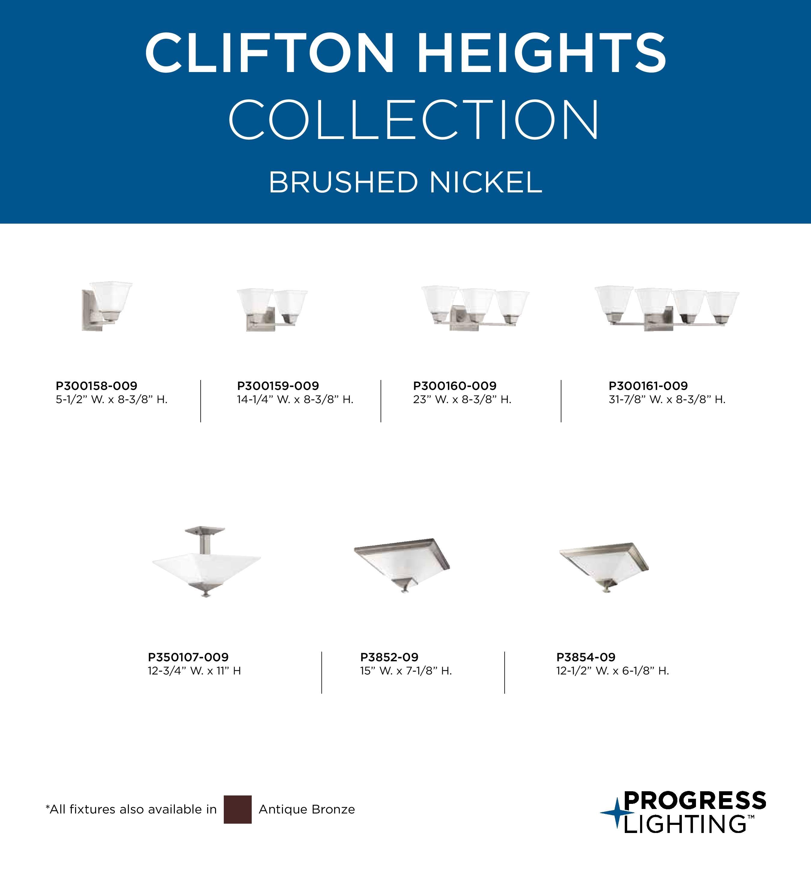 Progress Lighting Clifton Heights 2-Light Semi-Flush, Brushed Nickel, Etched Square Glass Shade Collection