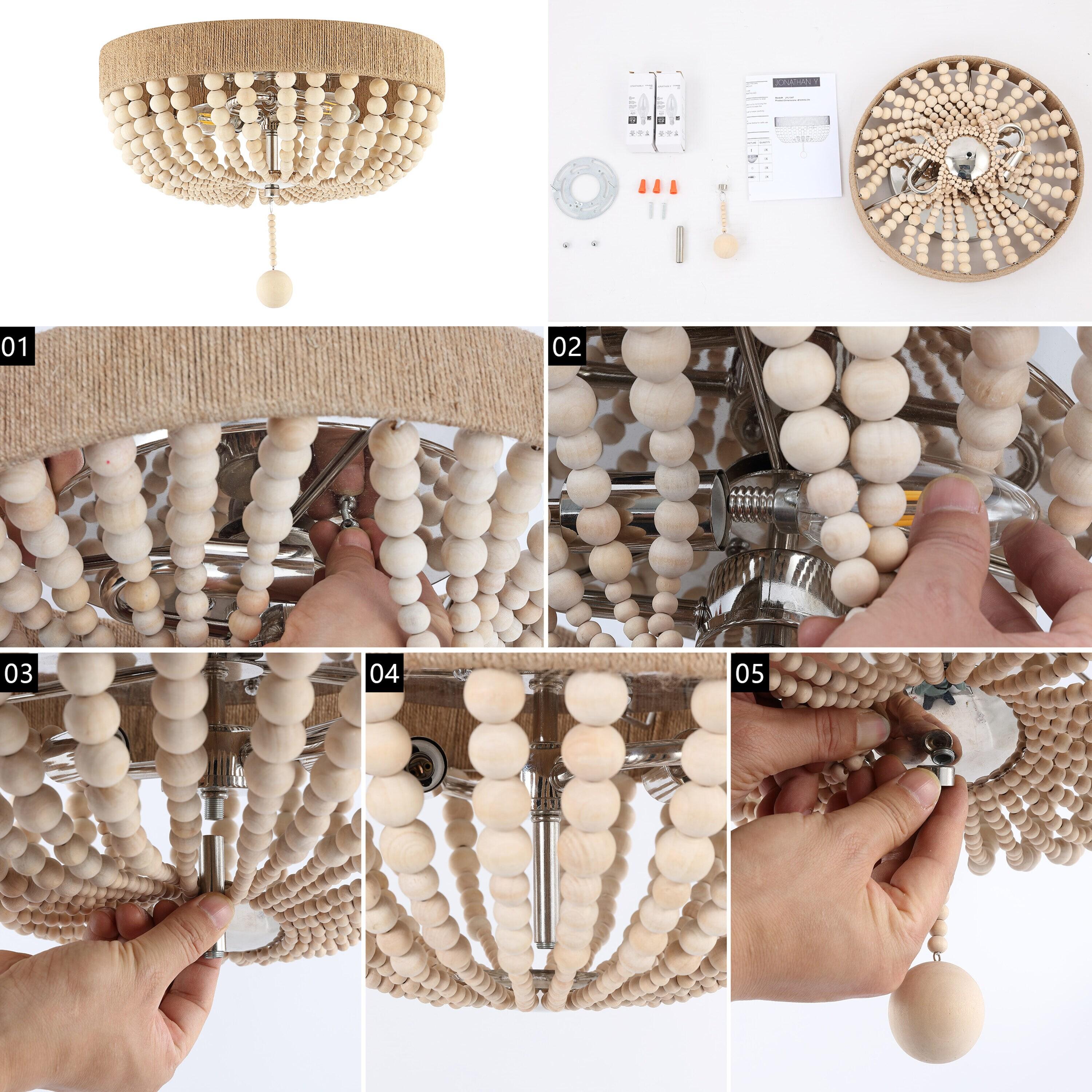 JONATHAN Y Justina Wood Bead 14" 2-Light Farmhouse Bohemian Iron LED Flush Mount, Light Taupe/Chrome, JYL1307A