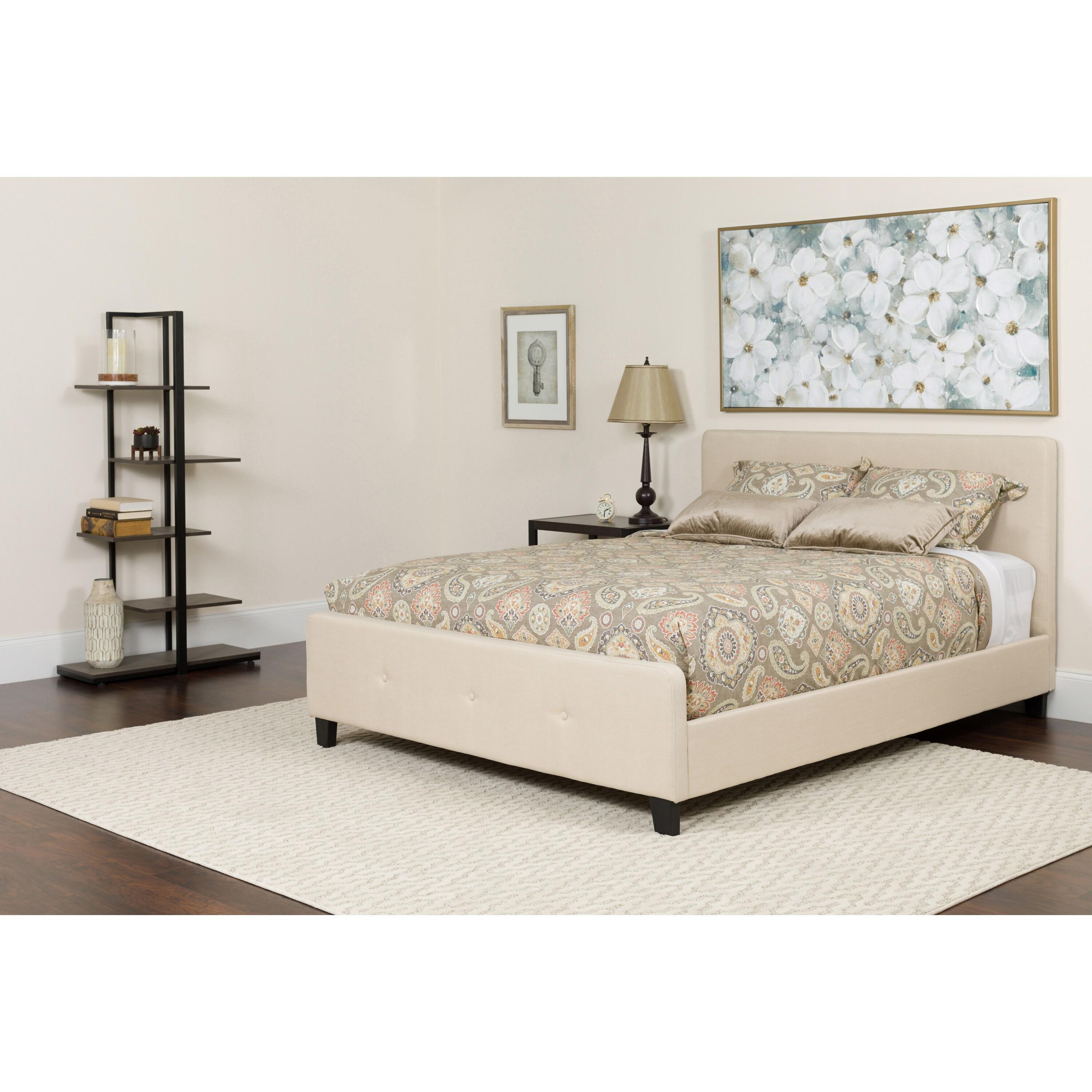 Beige Queen-Sized Platform Bed with Tufted Upholstered Headboard