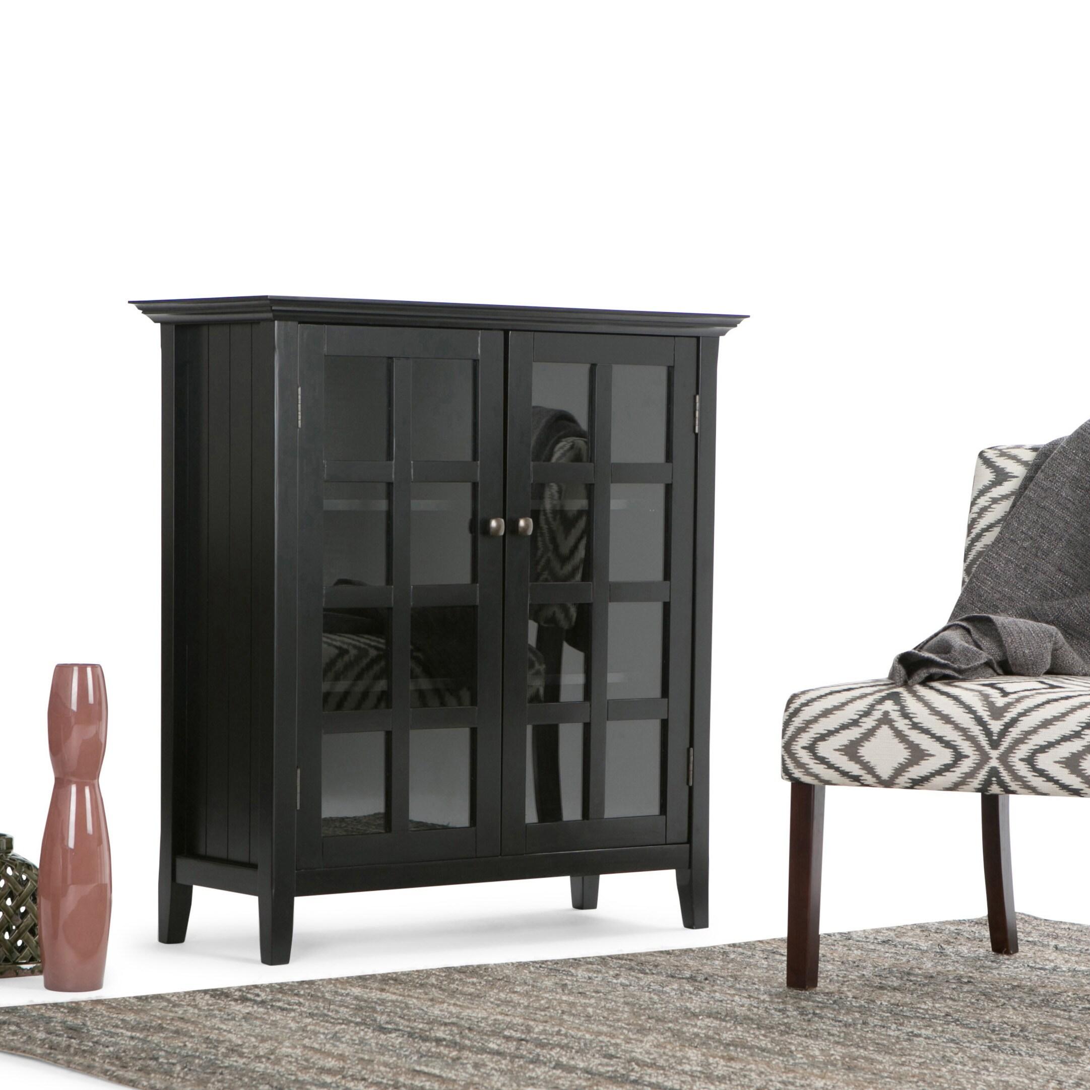 Simpli Home Acadian Solid Wood Shelf Storage Cabinet with Glass Doors and Adjustable Shelves