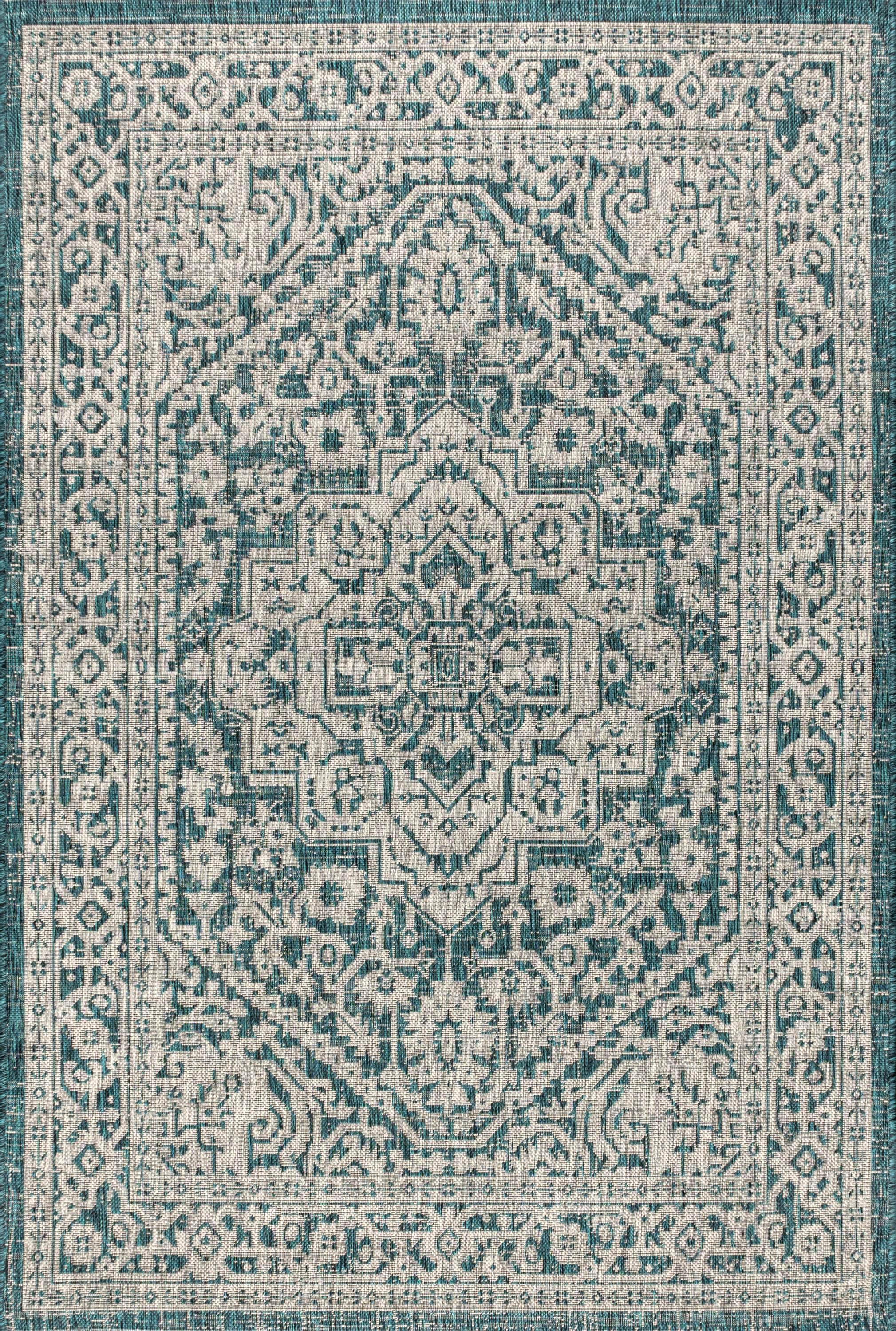 4'x6' Sinjuri Medallion Textured Weave Indoor/Outdoor Area Rug,  Teal Blue/Gray - JONATHAN Y