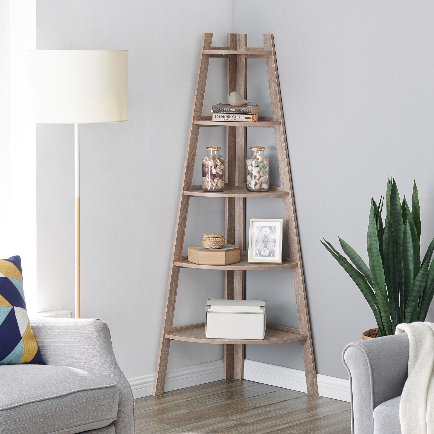 63" x 26.5" Five-Tier Pyramid Corner Ladder Shelf Weathered Oak - Danya B.: Modern Display, Open Shelves