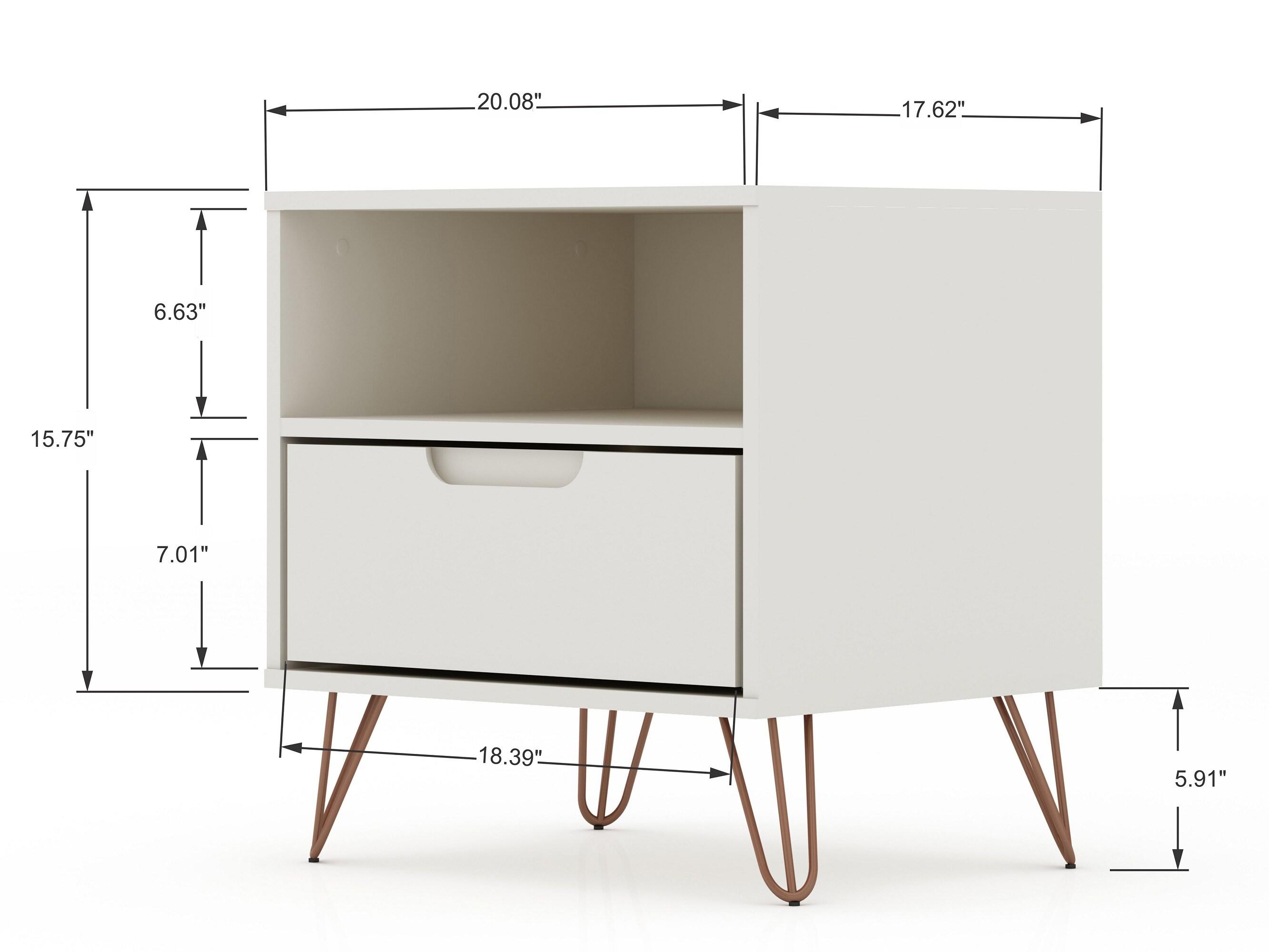 Set of 2 Rockefeller 1 Drawer Nightstands Off White - Manhattan Comfort: Mid-century Design, Metal Legs, Concealed Storage