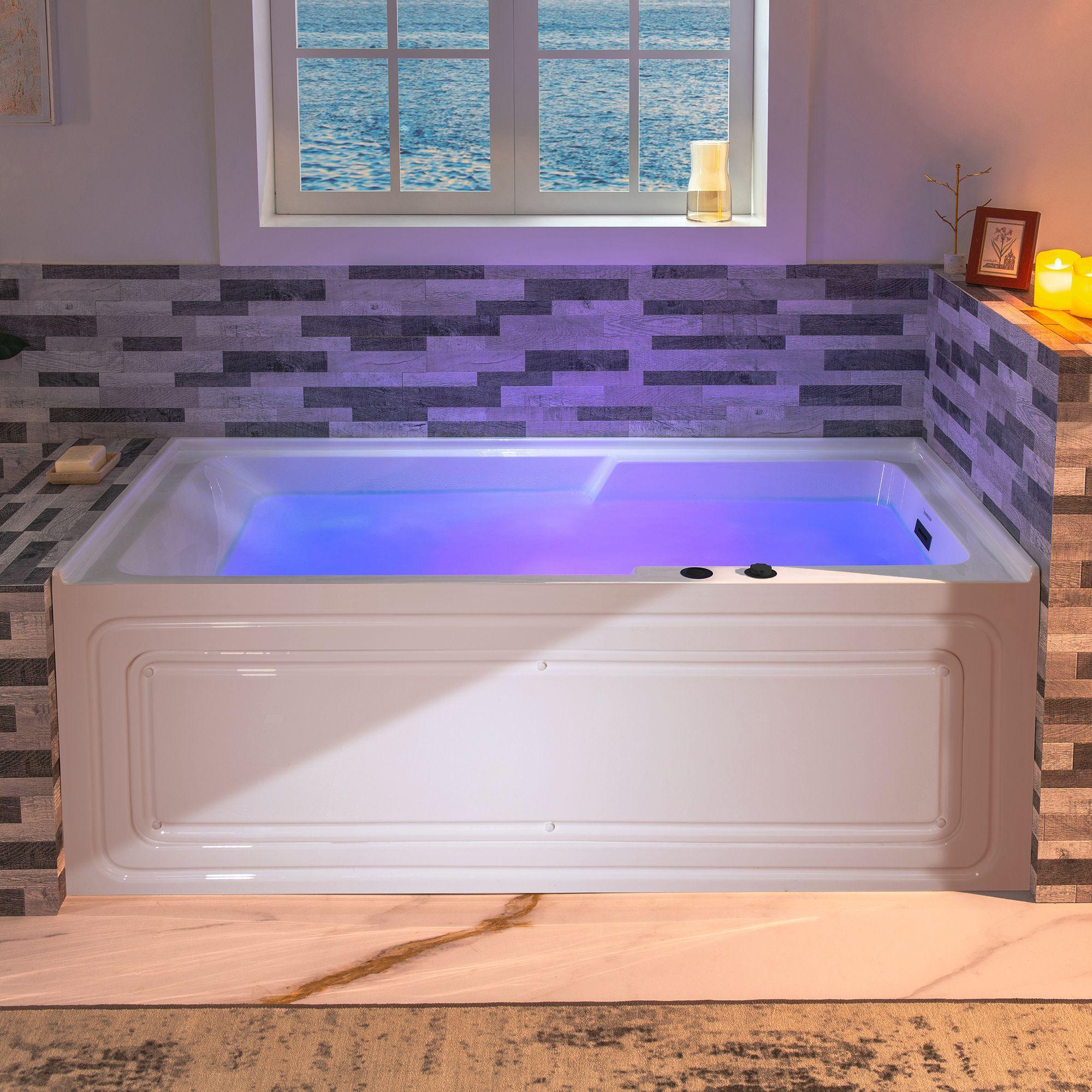 60" x 30" Whirlpool Heated Rectangular Alcove Acrylic Bathtub with Chrome/Matte Black Drain and Overflow