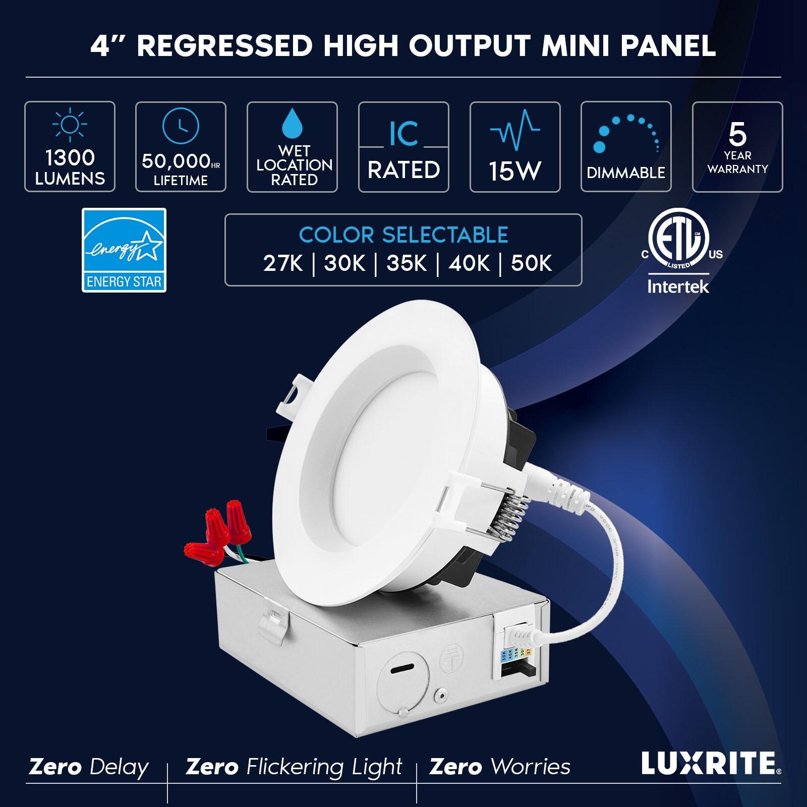 Luxrite 4 Inch LED Recessed Ceiling Light J-Box 15W 5 Color Selectable 1300LM Dimmable Wet Rated IC Rated ETL Listed