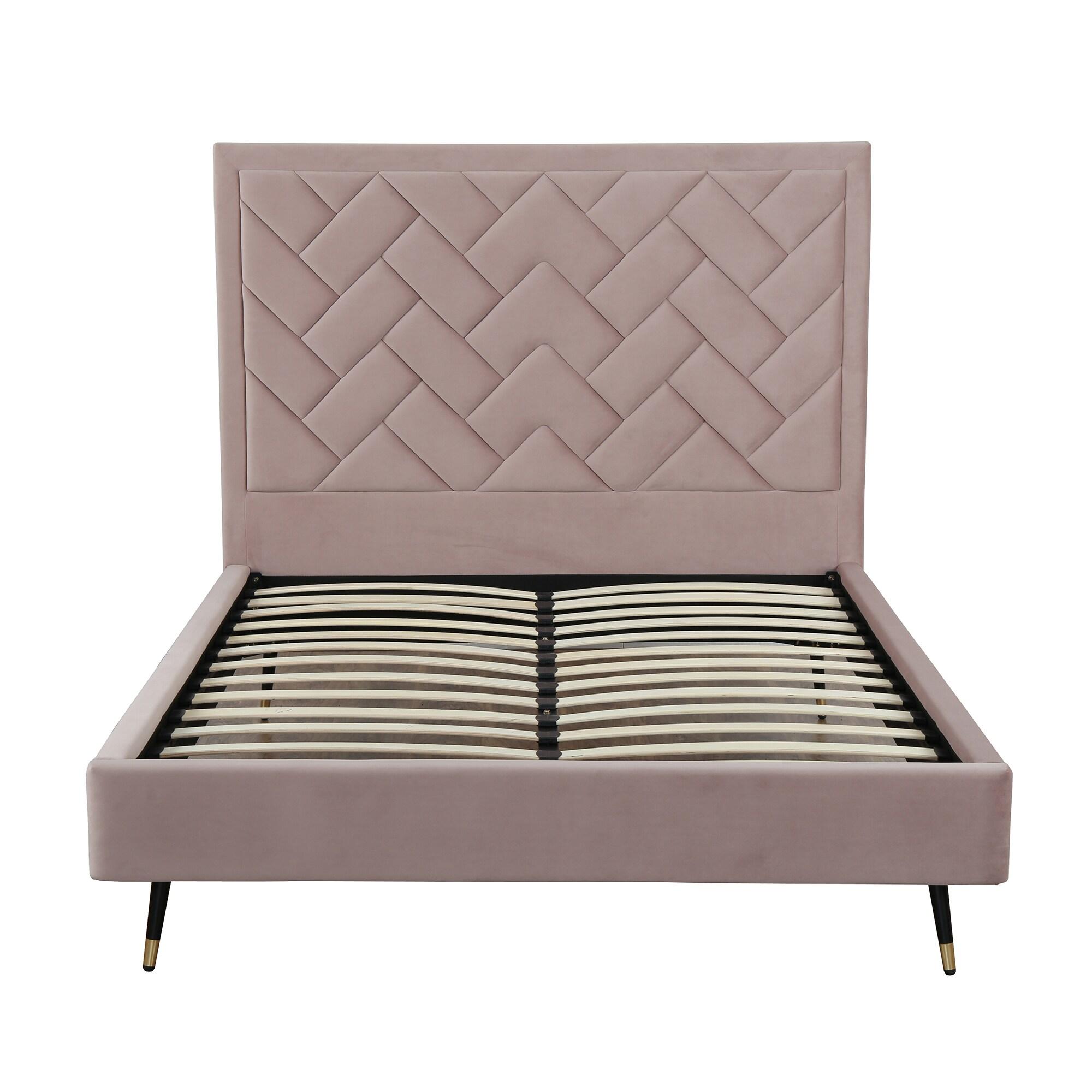 Manhattan Comfort Queen Crosby Modern Velvet Upholstered Bed Blush: Chic Wingback Design, Foam-Filled, No Box Spring Needed