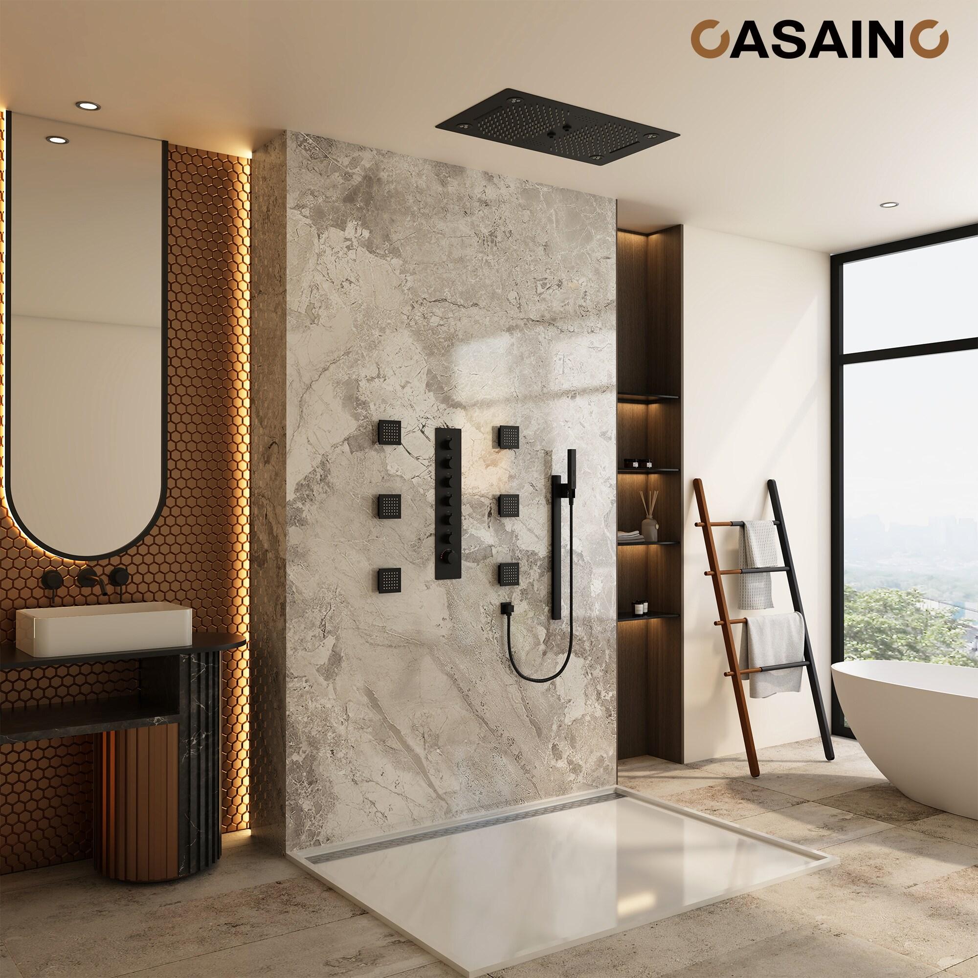 Rodeo 27.5-Inch LED&Music Rainfall Thermostatic Shower System with Slide Bar and 2-in-1 Handheld