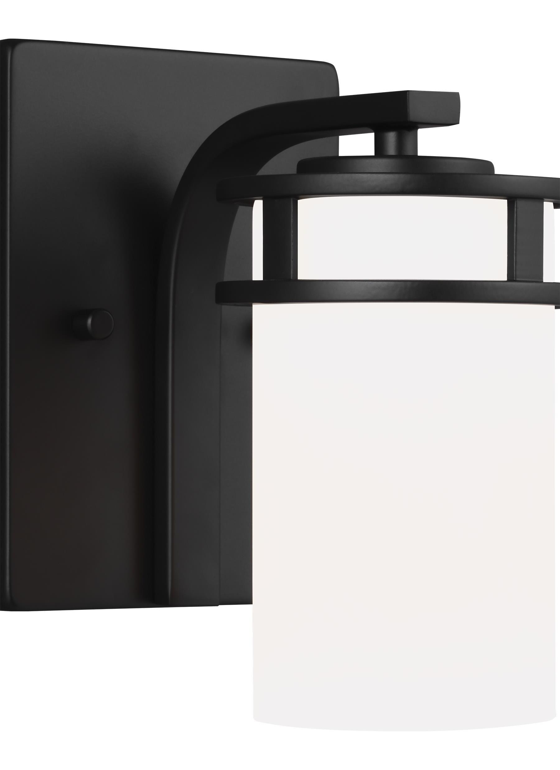 Generation Lighting 4121601-112 Robie Etched/White Glass Cylinder Wall Sconce Lighting Fixture, 1-Light 75 Watt, 8" H x 5" W, Midnight Black