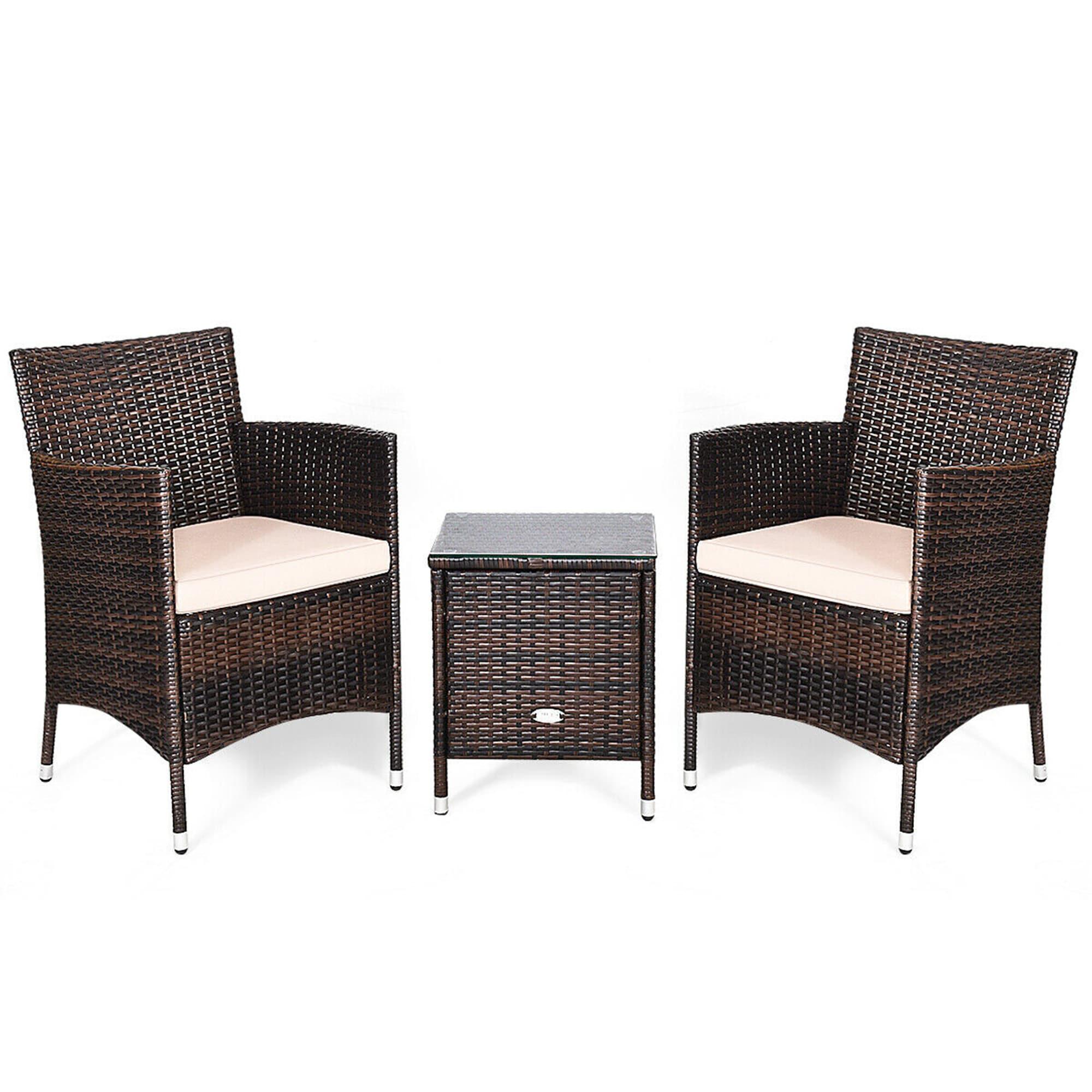 Topcobe 3 Piece Patio Conversation Set Outdoor Rattan Wicker Furniture Set with Coffee Table & Chairs Patio Bistro with Seat Cushions for Garden Balcony Backyard Poolside