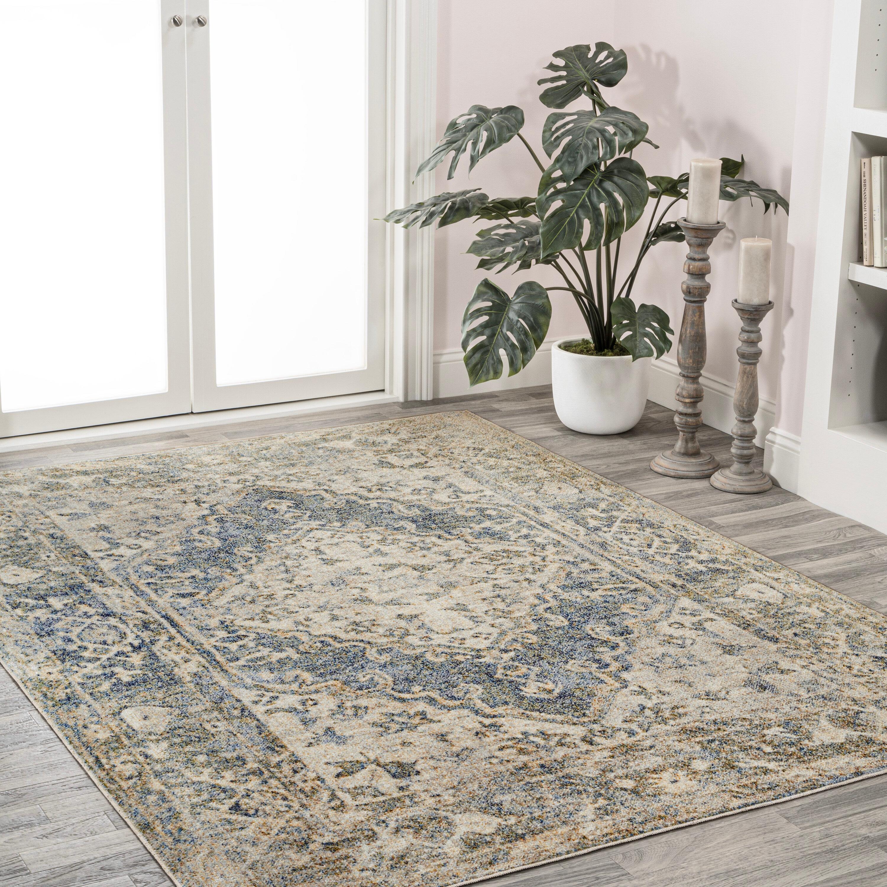 JONATHAN Y Pavel Distressed Medallion Low-Pile Machine-Washable Blue/Cream 3 ft. x 5 ft. Area Rug