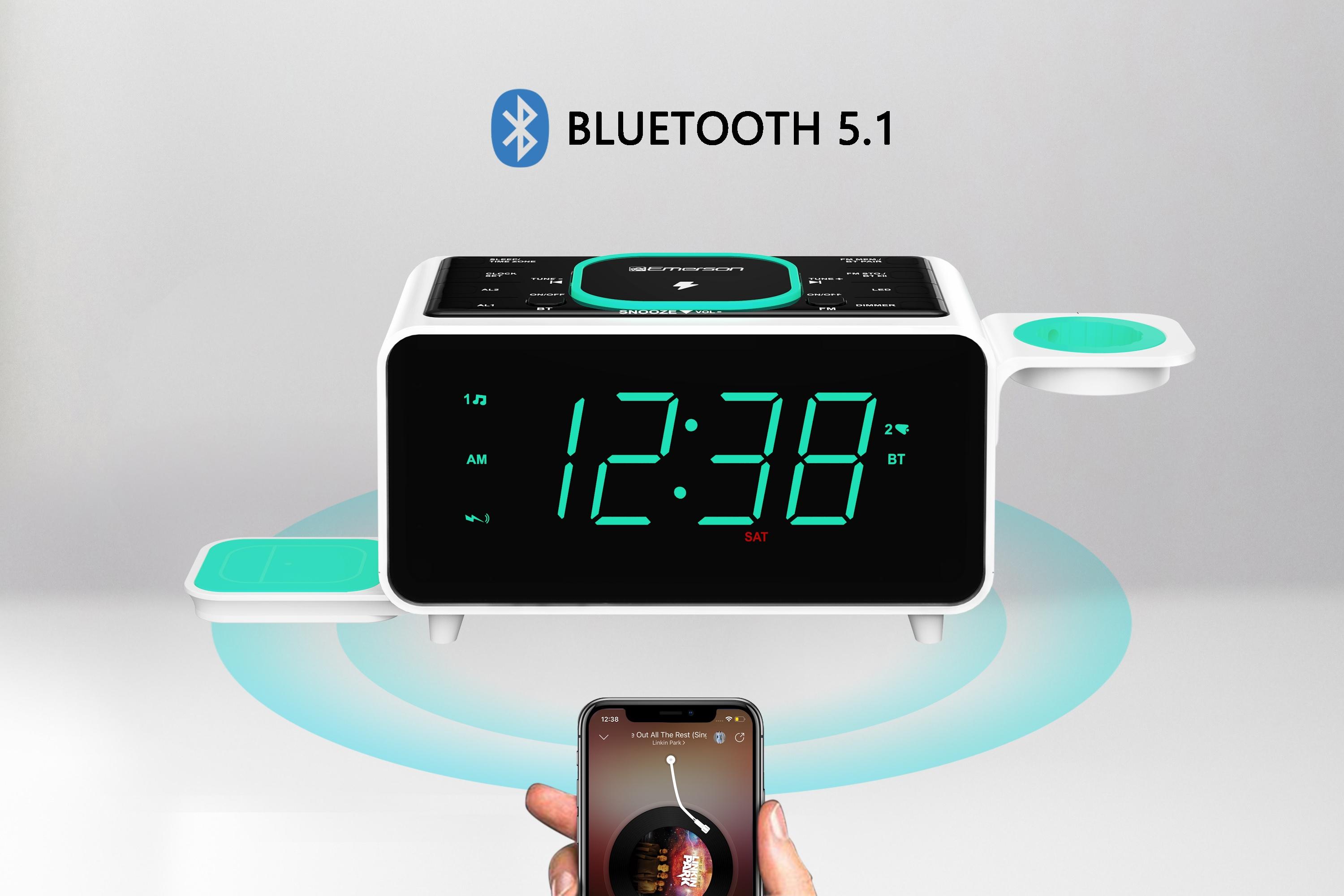 Emerson SmartSet Multiple Wireless Charging, Dual Alarm Clock Radio, Bluetooth Speaker, USB Charger, Cyan Night LED and 1.4” Display, ER100501