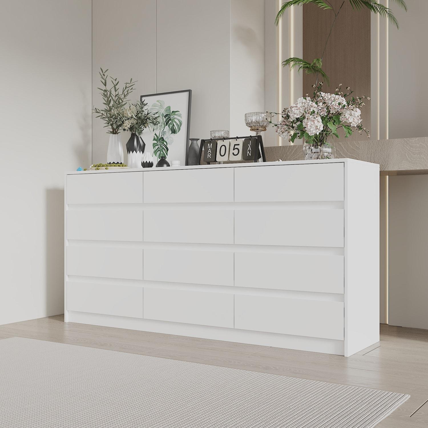 White Double Dresser with 12 Drawers, Modern Engineered Wood