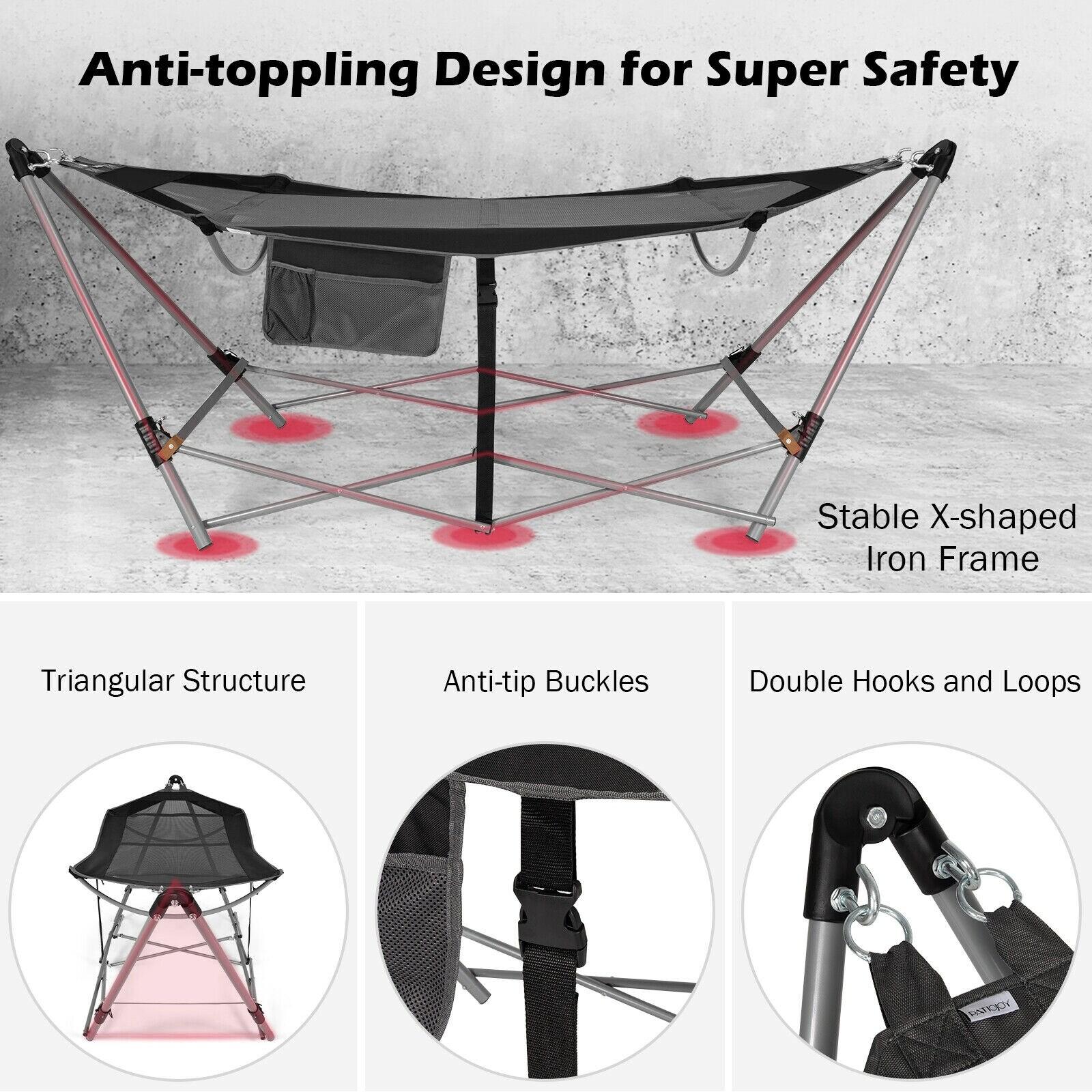Costway Folding Hammock Indoor & Outdoor Hammock with Side Pocket & Iron Stand Black