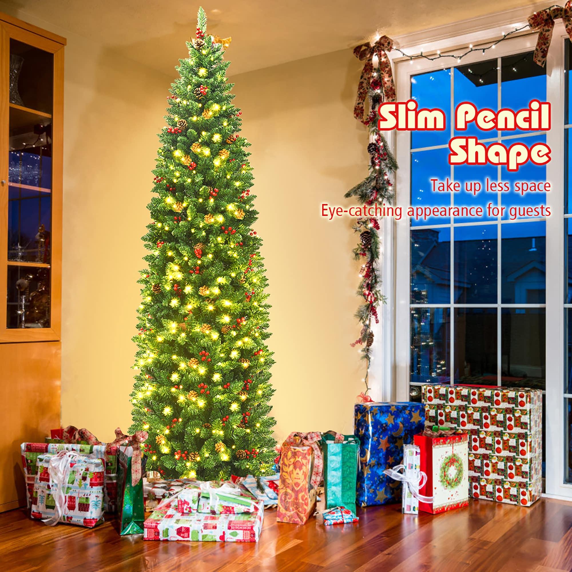 Costway 7.5Ft Pre-lit Hinged Pencil Christmas Tree w/Pine Cones Red Berries & 350 Lights