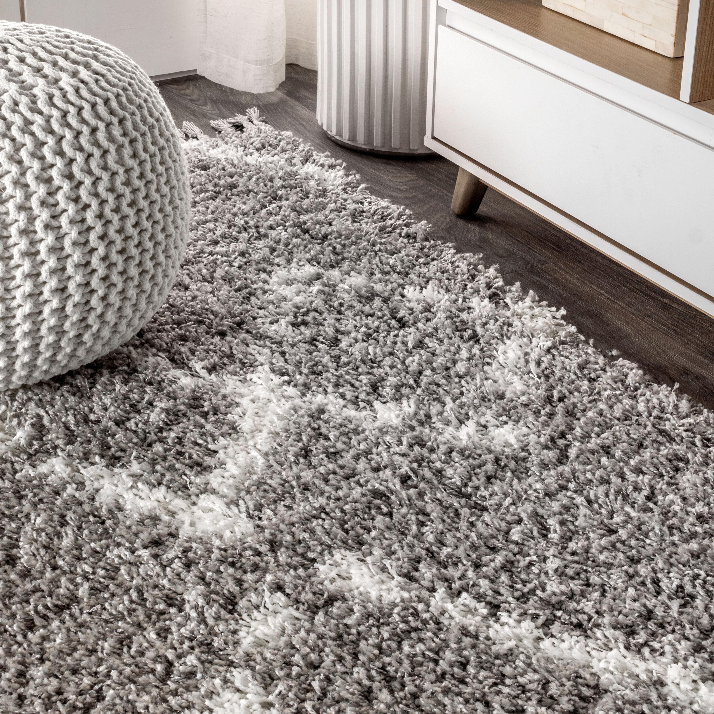 3'x5' Mercer Shag Plush Tassel Moroccan Geometric Trellis Area Rug, Grey/Cream - JONATHAN Y