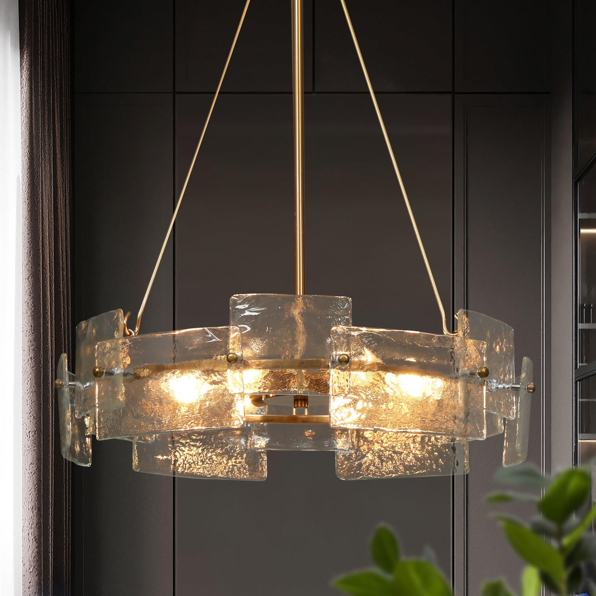 Modern Glam Gold 6-Light Drum Chandelier Textured Glass Pendant Light for Dining Room - D 20.5" x H 24"