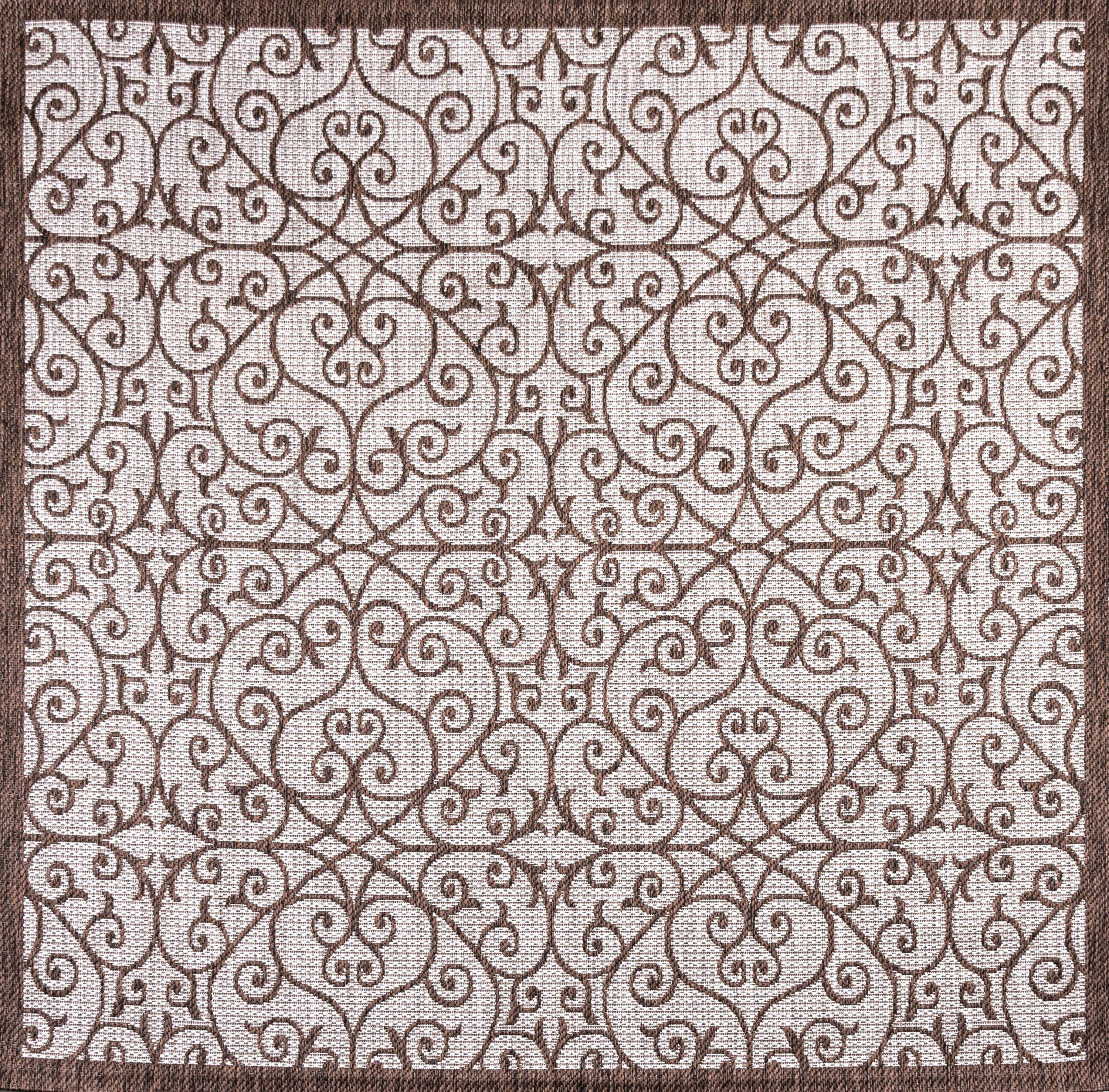5' Square Madrid Vintage Filigree Textured Weave Indoor/Outdoor Area Rug, Taupe/Espresso - JONATHAN Y