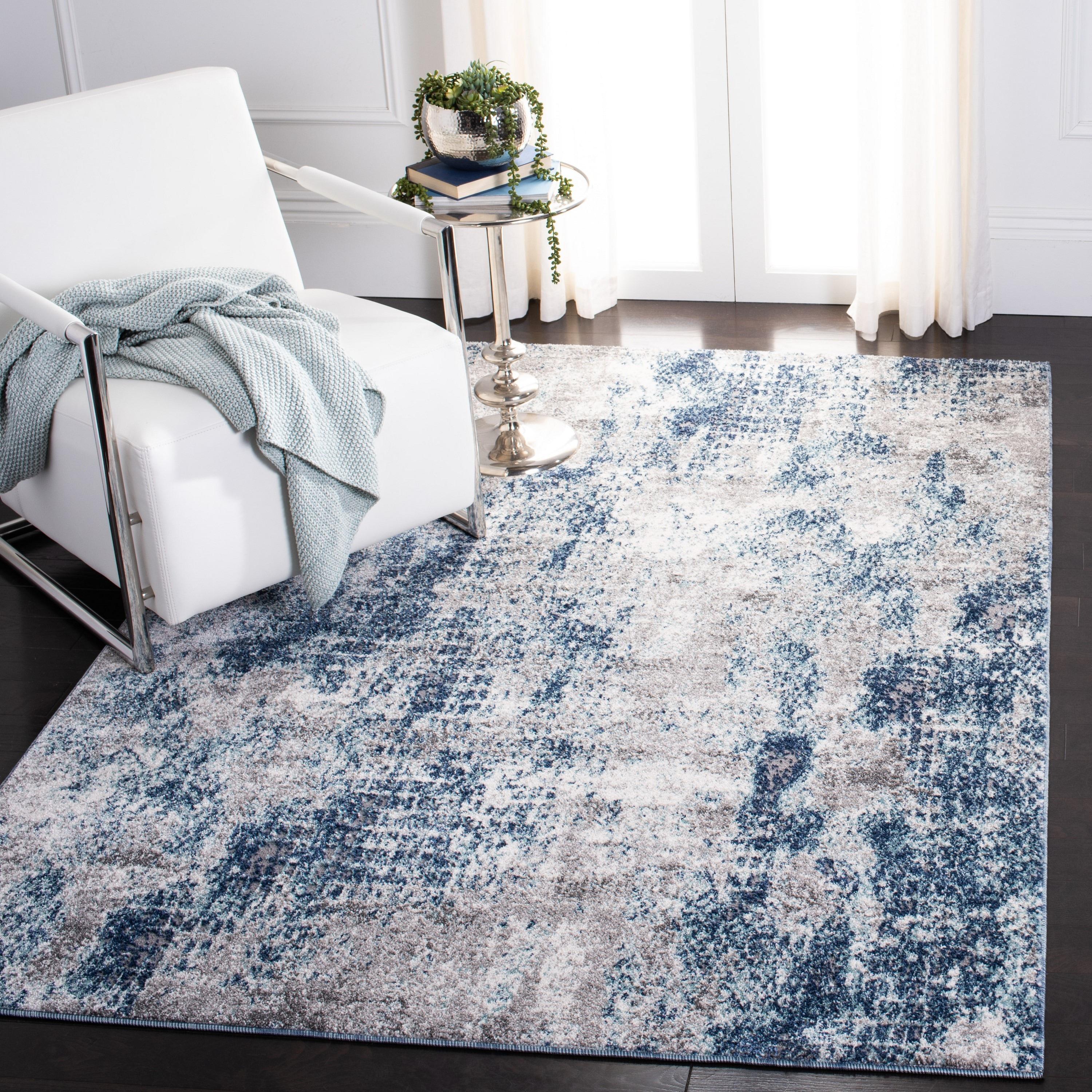 Navy and Grey Abstract Synthetic 4' x 6' Area Rug