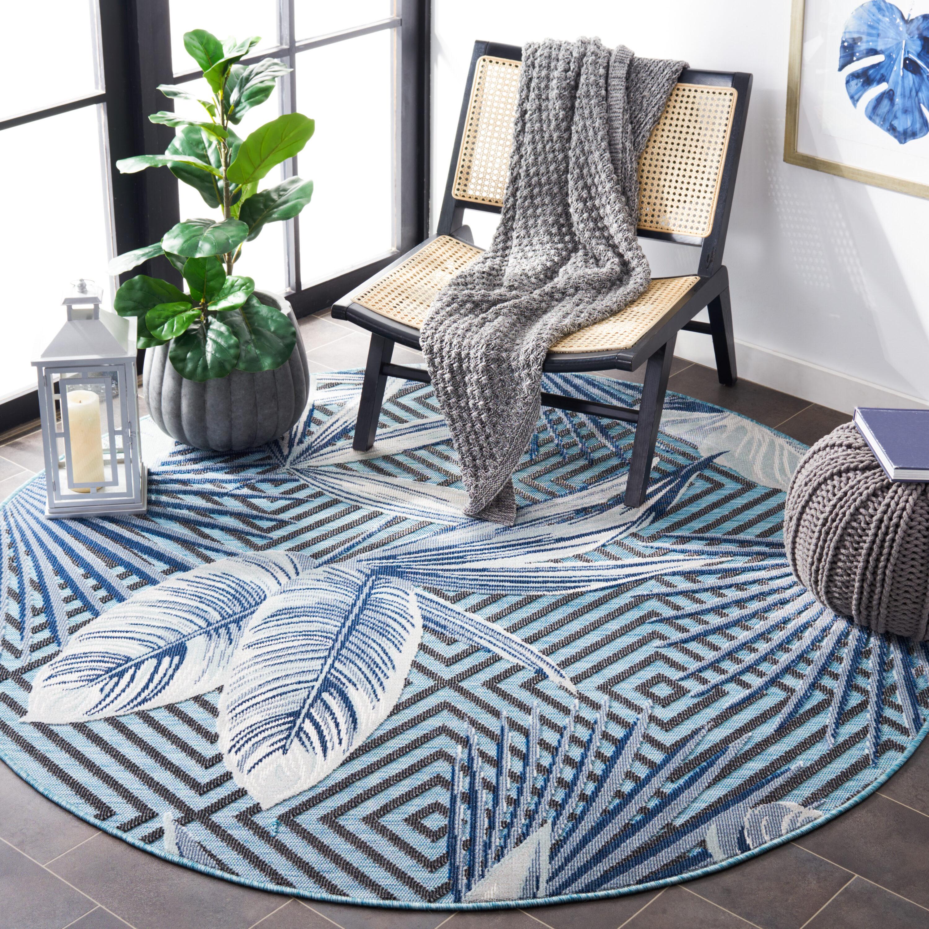 Cabana CBN447 Loomed Indoor/Outdoor Area Rug - Aqua/Navy - 6'5"x6'5" Round - Safavieh