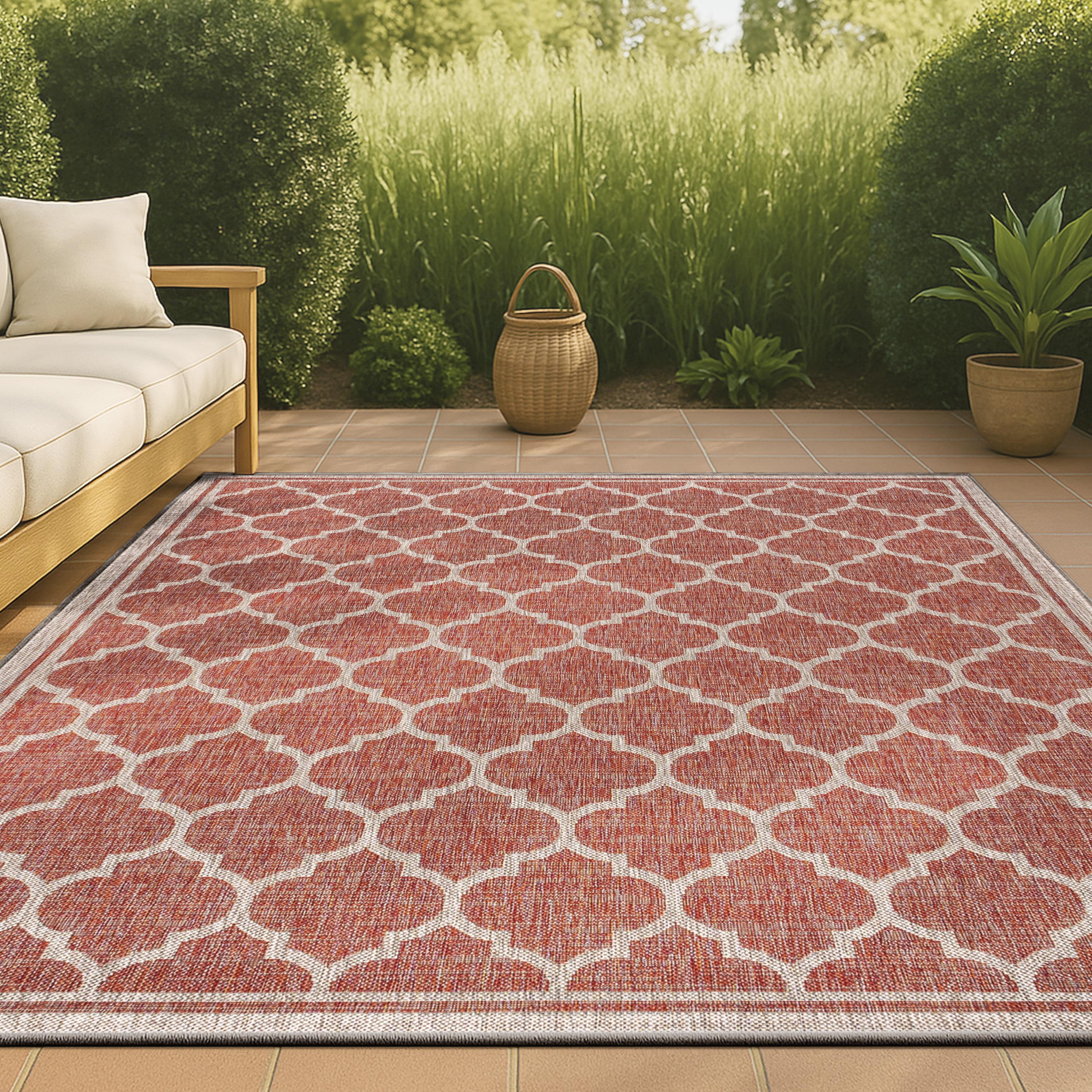 5'x8' Trebol Moroccan Trellis Textured Weave Indoor/Outdoor Area Rug, Red/Beige - JONATHAN Y