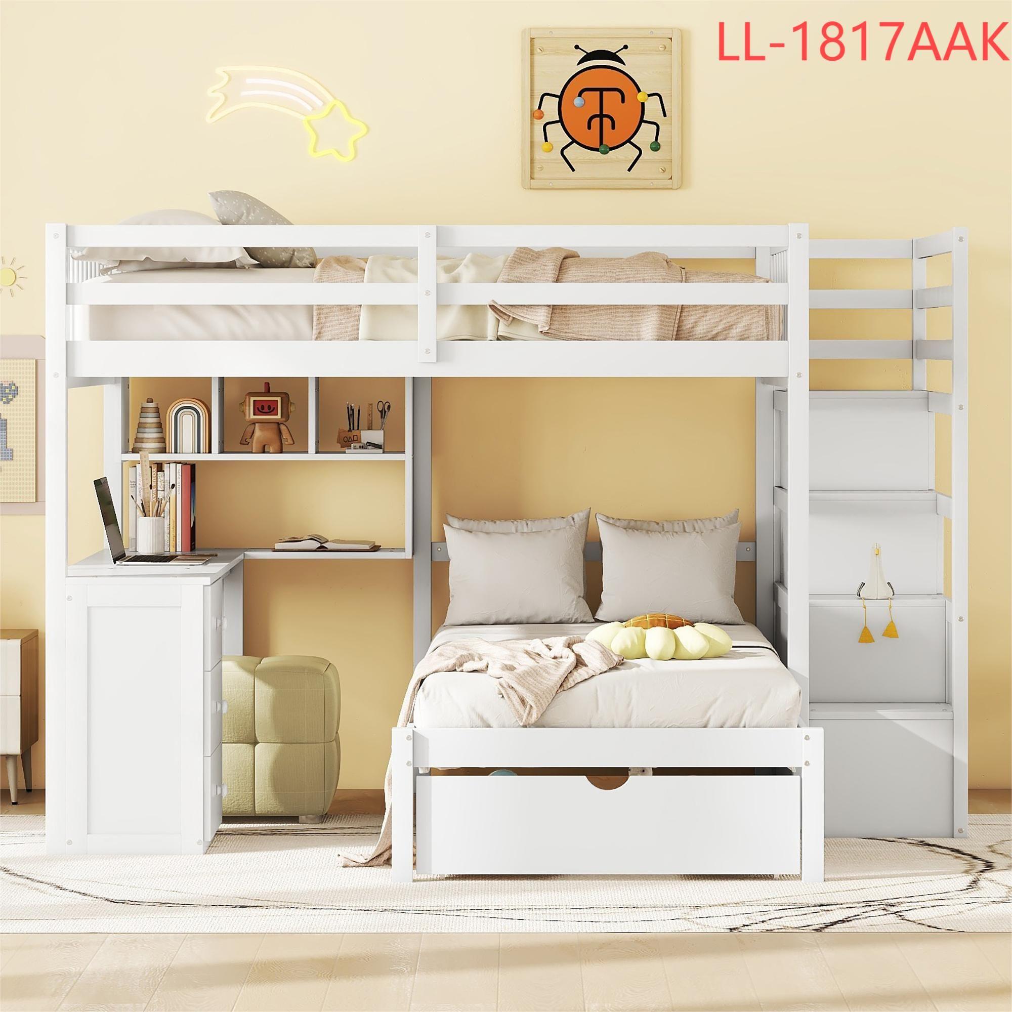 Harper & Bright Designs Full Over Twin Bunk Bed with Stairs, Storage Drawers, Full Size Loft Bed Frame with Desk and Shelves, White