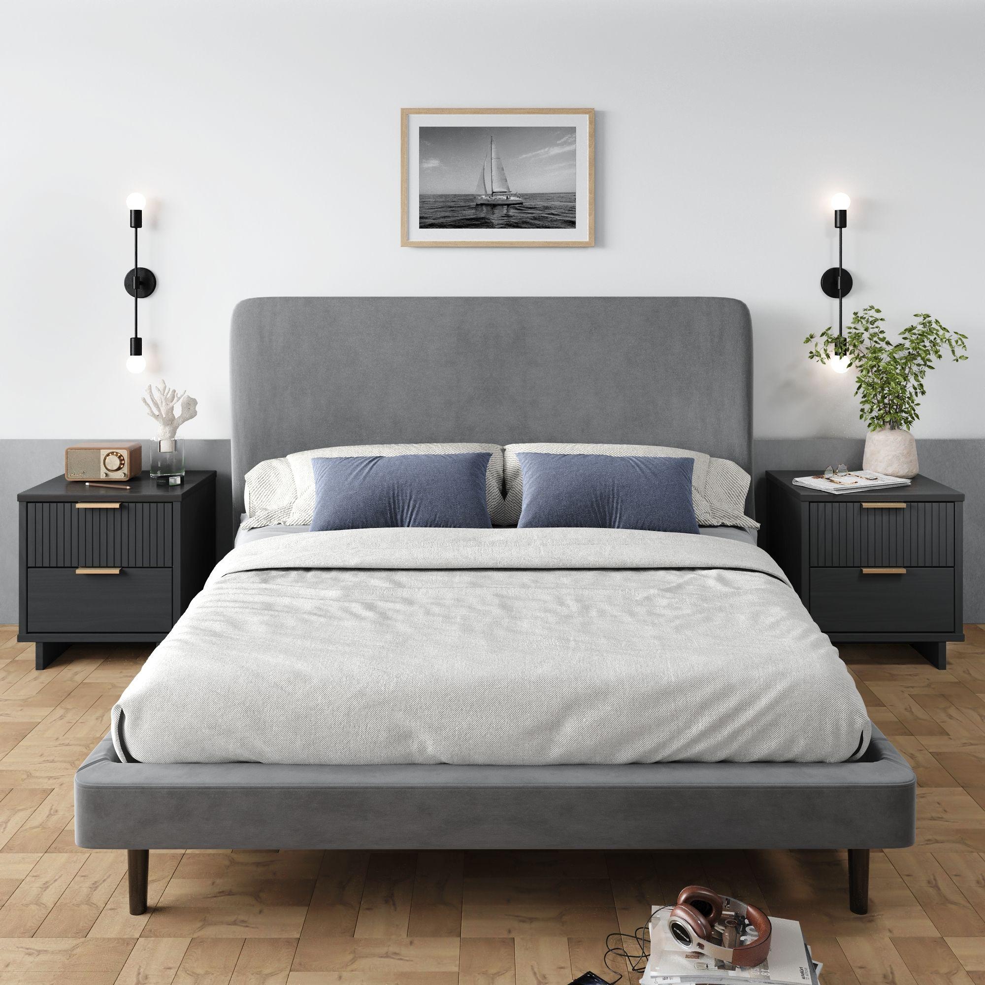 Manhattan Comfort Set of 2 Granville 2 Drawer Nightstands Dark Gray: Modern Design, Soft Close, Metal Handles