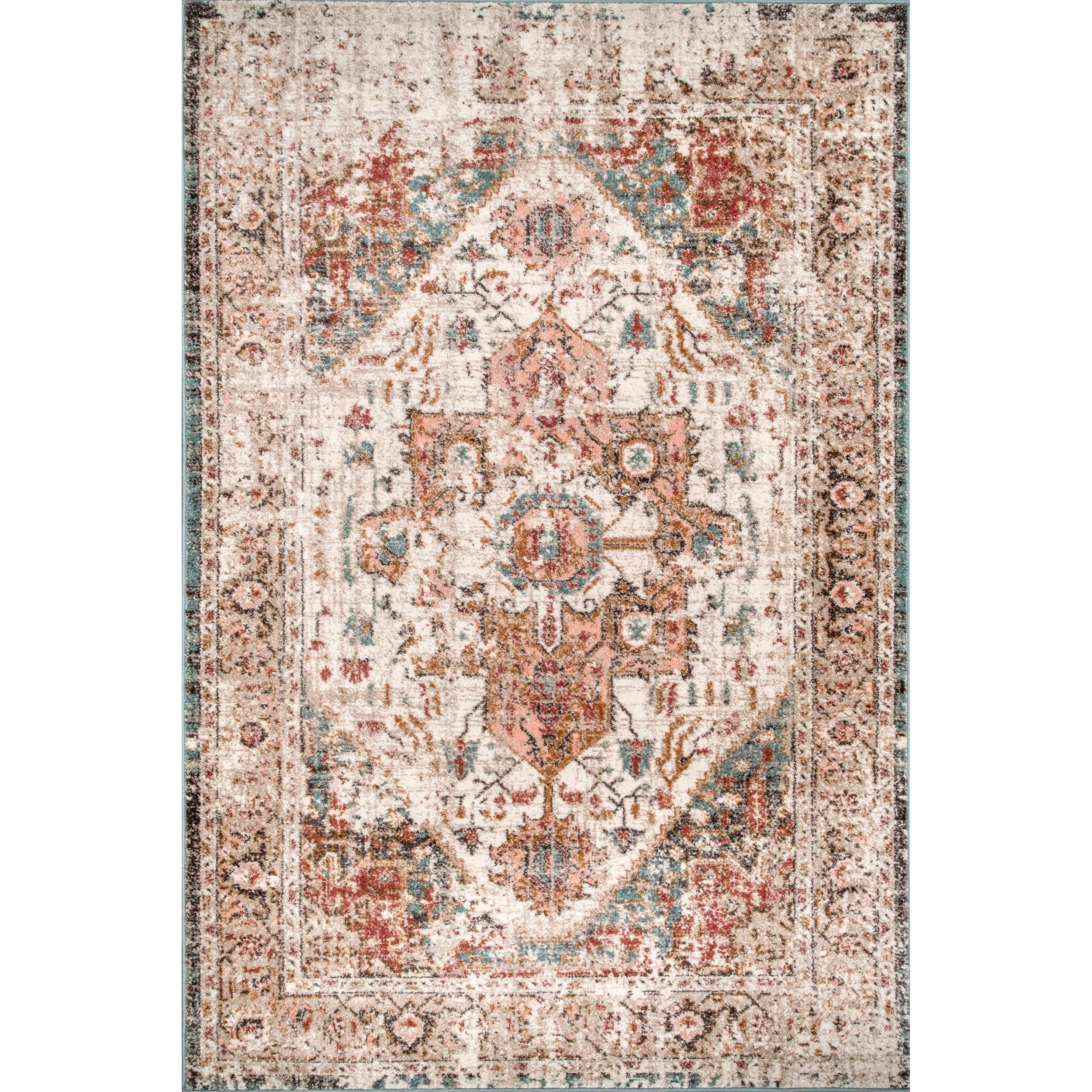 Nuloom 6 Square Justine Vintage Medallion Indoor Area Rug, Beige, Faded Persian Design, Stain Resistant, BedroomLiving Room, Kitchen,