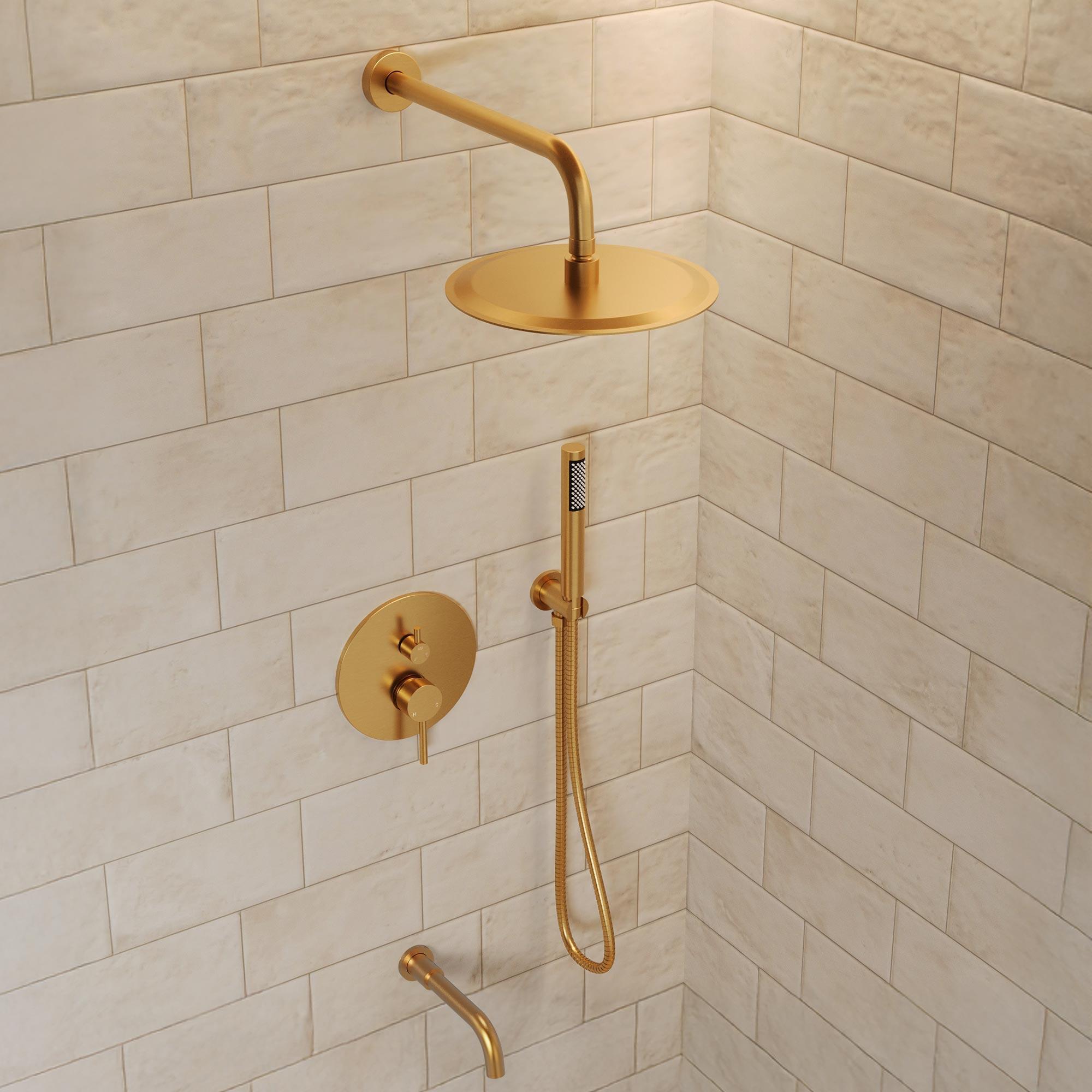 GRANDJOY Dual Wall Mount Rainfall Shower Head System Adjustable 12 inch & 6 inch Shower Faucet Set with Handheld Shower Spray Thermostatic Pressure Balance Value, Brushed Gold
