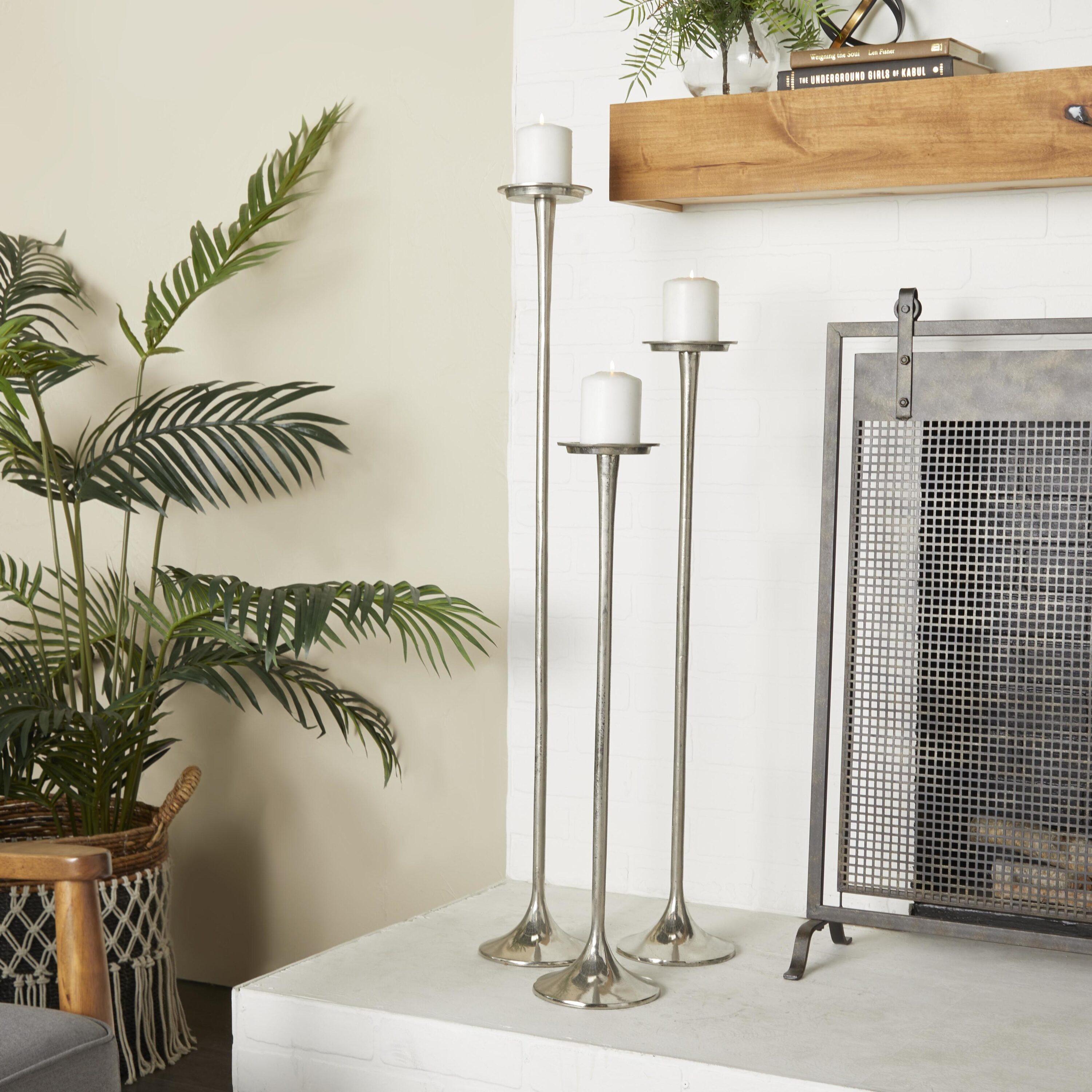 Set of 3 Metallic Aluminum Candle Holders Silver - Olivia & May: Oversized Pillar, Modern Style, Indoor Use