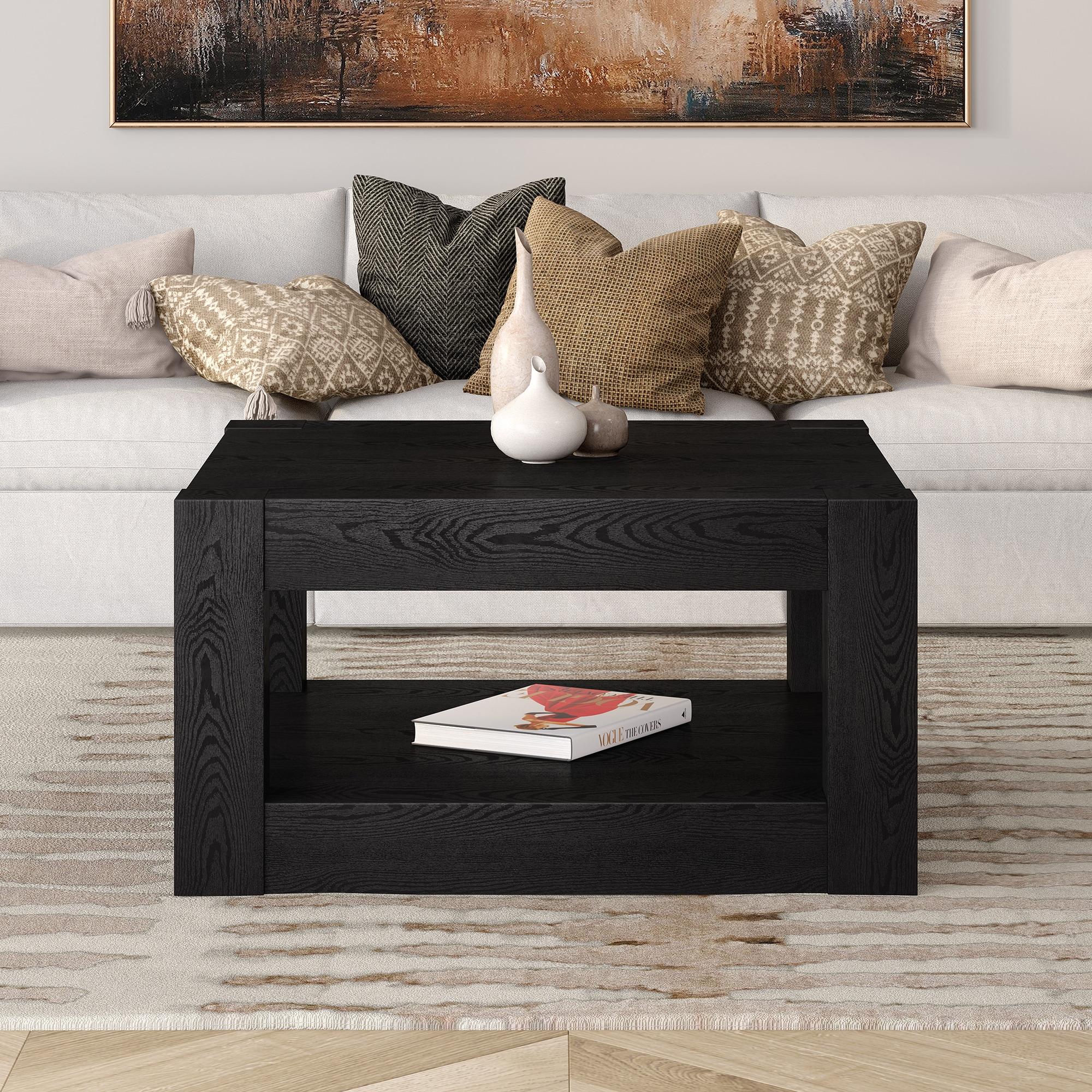 Evelyn&Zoe Hughes 32" Wide Square Coffee Table, Black Grain