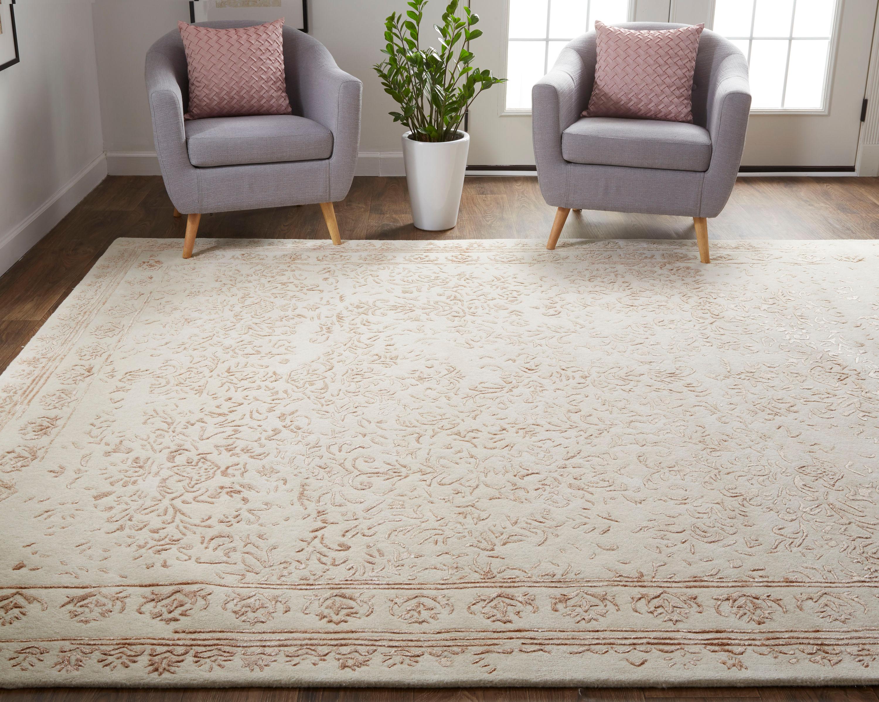 Feizy Bella Transitional Oriental, Ivory/Tan/Pink, 2' x 3' Accent Rug Handmade Sheen Bohemian & Eclectic Bordered Design Carpet for Living Dining Bed Room