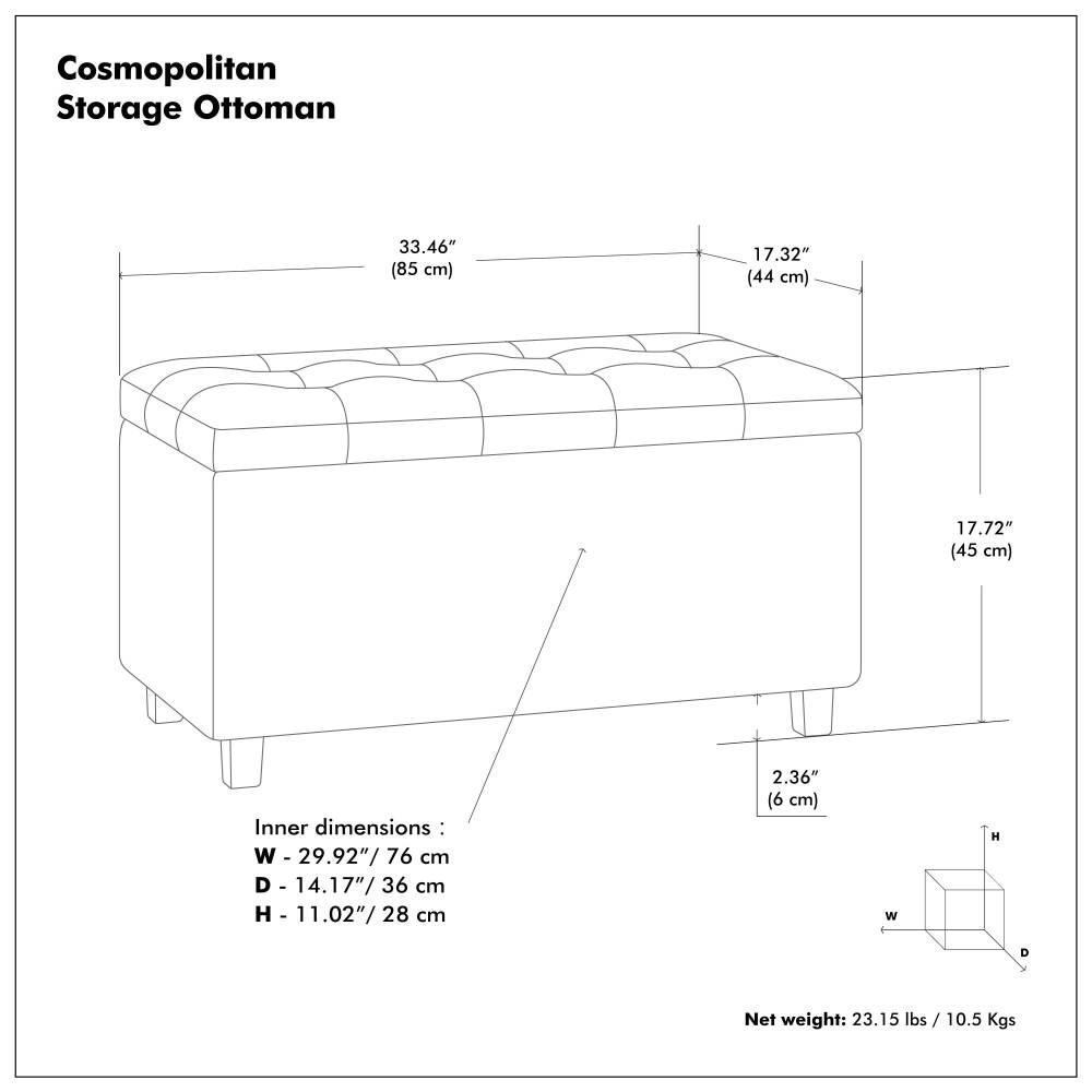 Simpli Home Cosmopolitan 34"W Upholstered Storage Ottoman with Tufted Design and Large Interior Storage