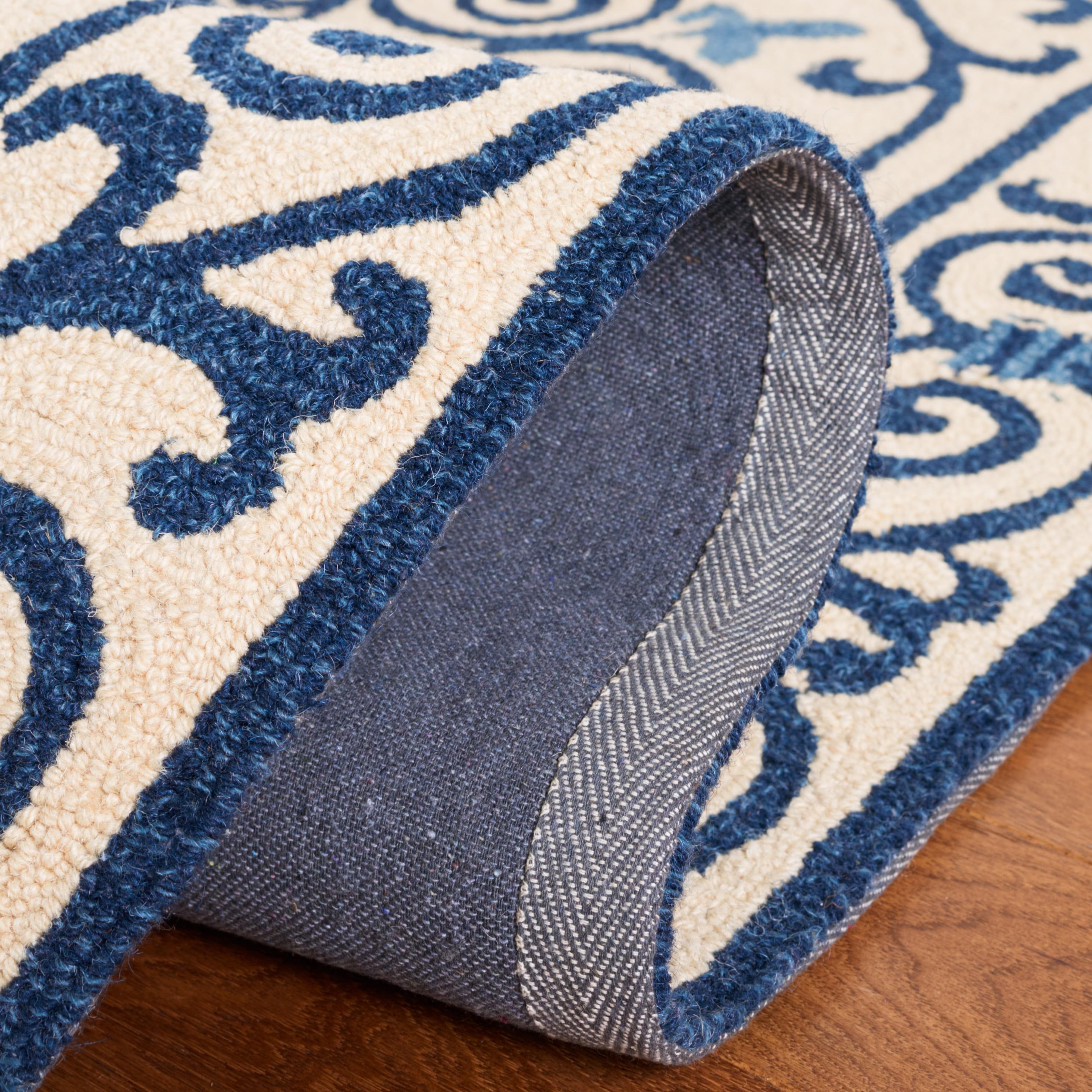 SAFAVIEH Chelsea Aragon Geometric Borders Wool Area Rug, Ivory/Dark Blue, 3' x 3' Round