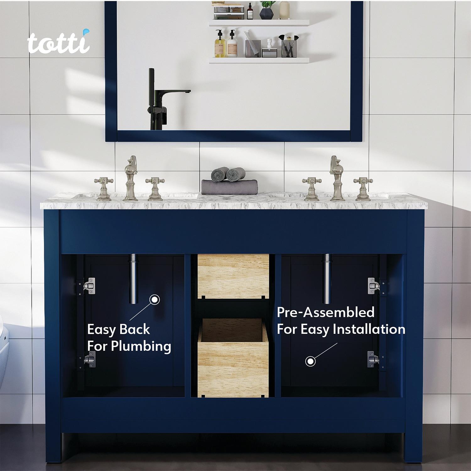 Totti Artemis 48" Blue Transitional Double Sink Bathroom Vanity w/ White Carrara Style Man-Made Stone Top