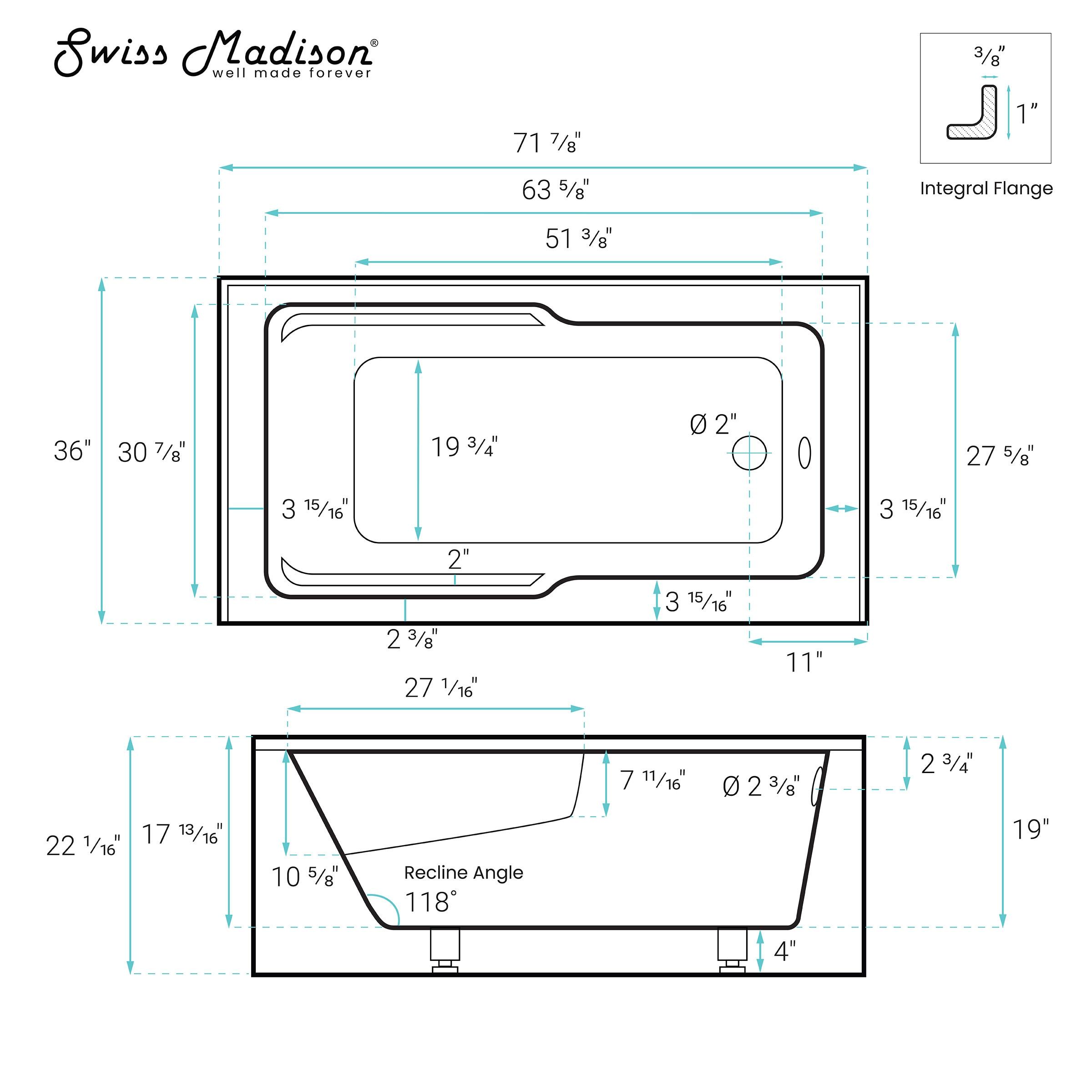 Lausanne 72" x 36" Right-Hand Drain Alcove Bathtub with Apron