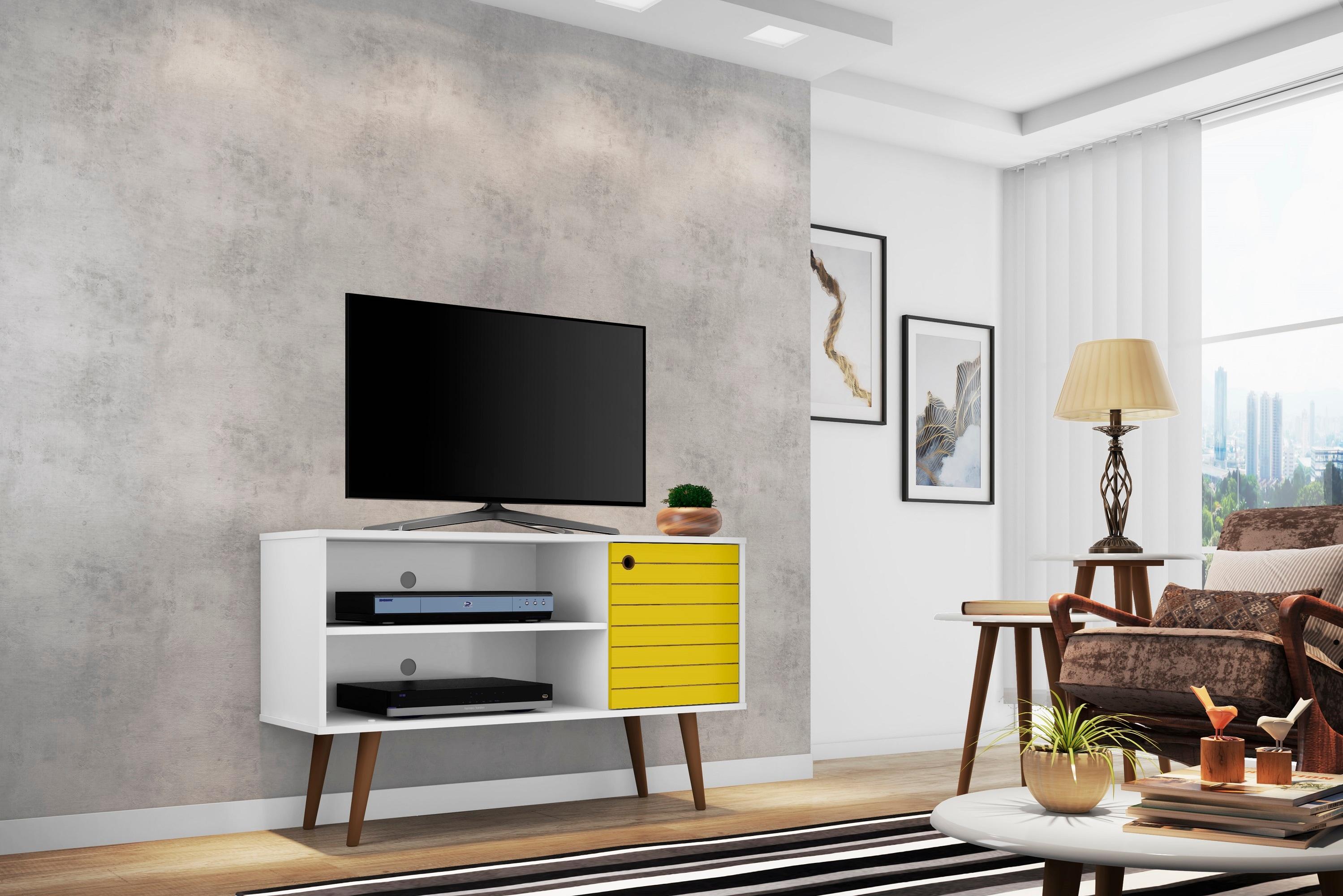 Manhattan Comfort Liberty 42.52" Mid Century Modern TV Stand, White and Yellow