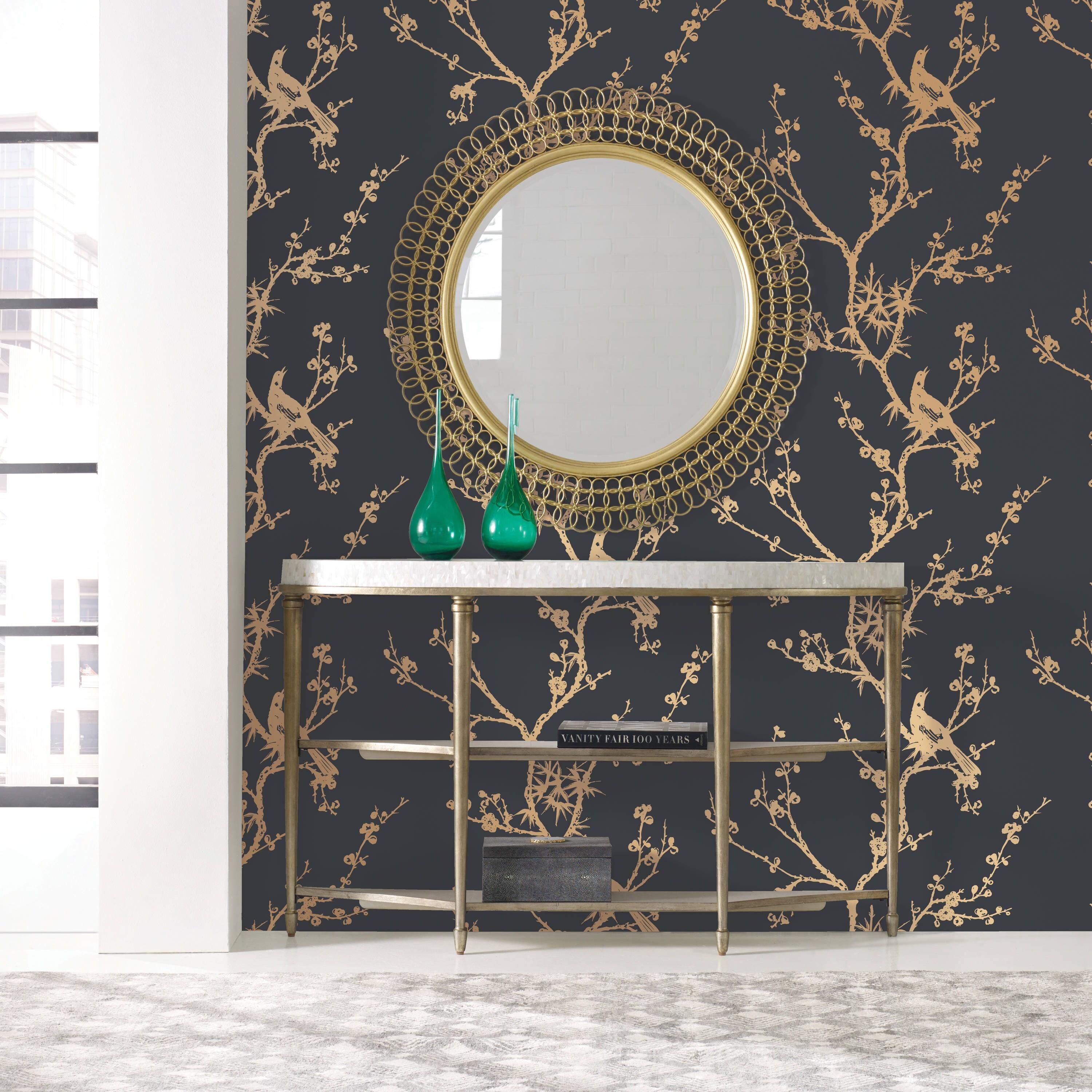 Tempaper & Co.® x Cynthia Rowley Bird Watching Removable Peel and Stick Wallpaper, Black and Gold, 56 sq ft: Vinyl, Self-Adhesive